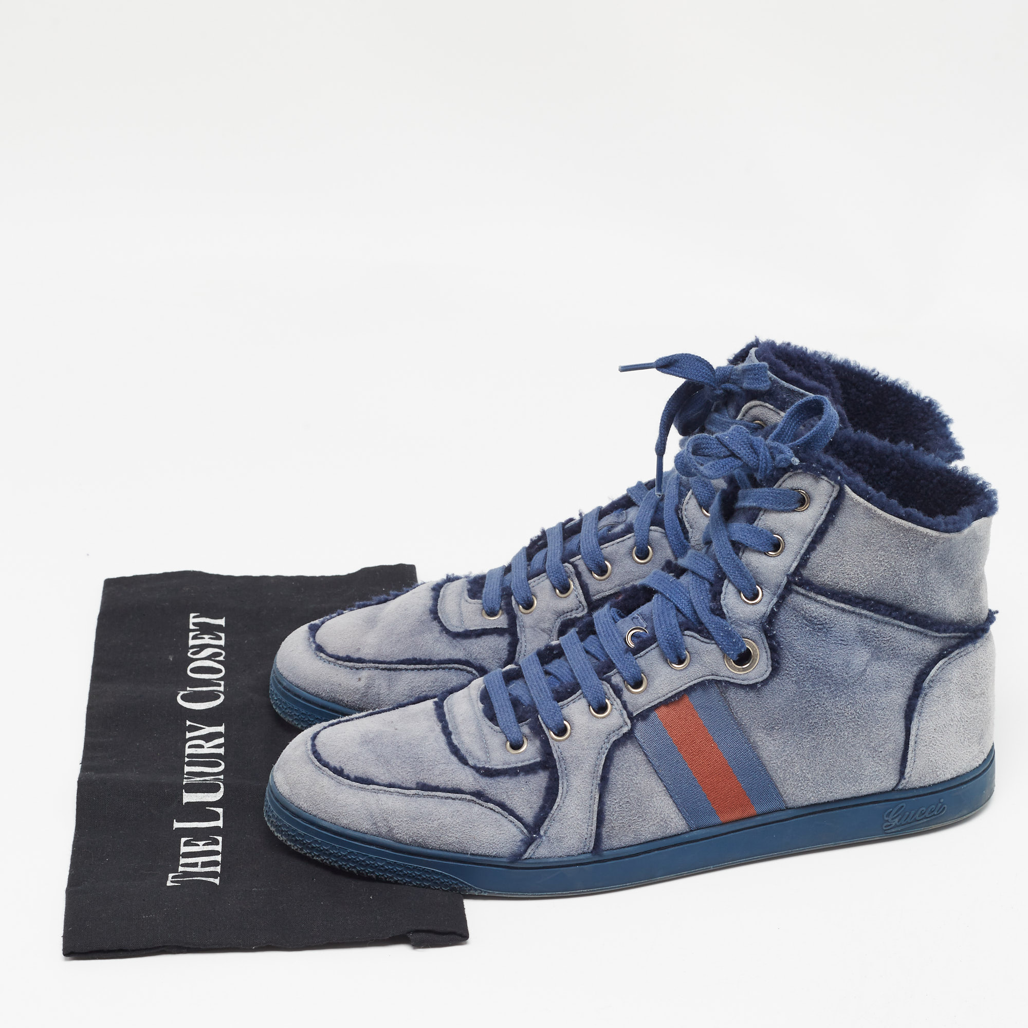 Gucci Blue Suede And Shearling Web Lace Up High Top Sneakers Size 45.5