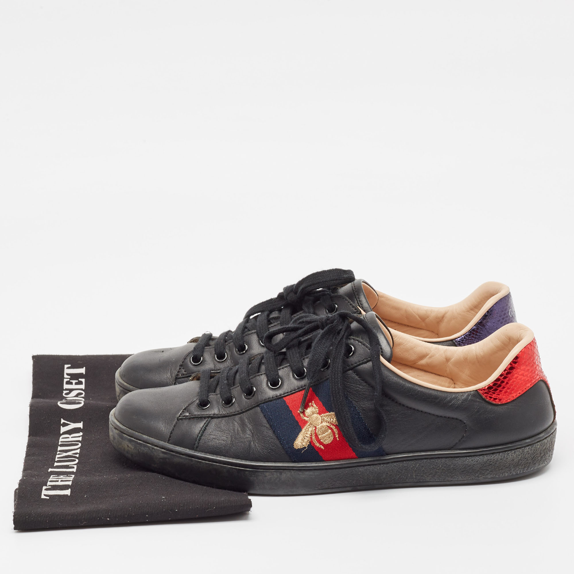 Gucci Black Leather Embroidered Bee Ace Sneakers Size 42.5