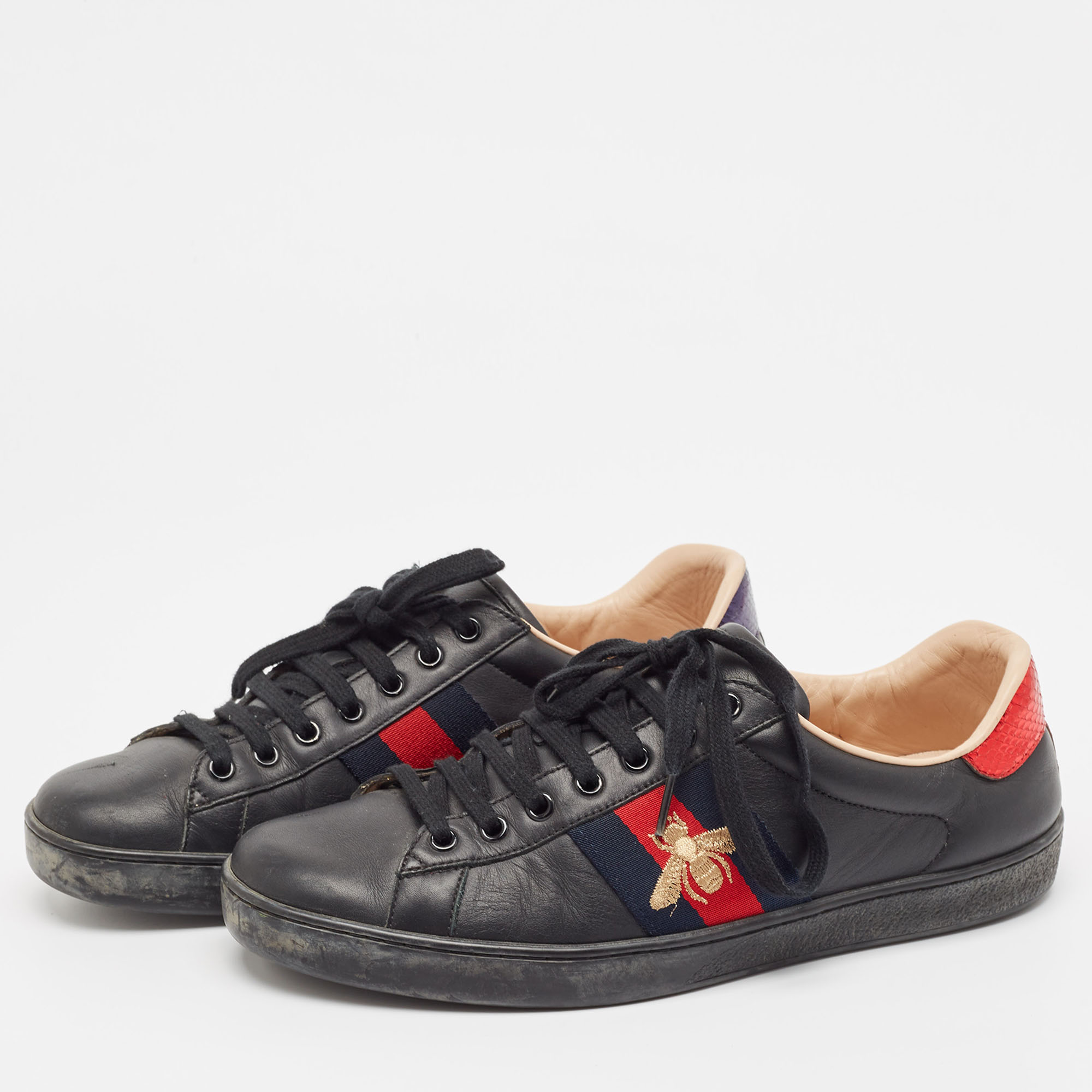 Gucci Black Leather Embroidered Bee Ace Sneakers Size 42.5