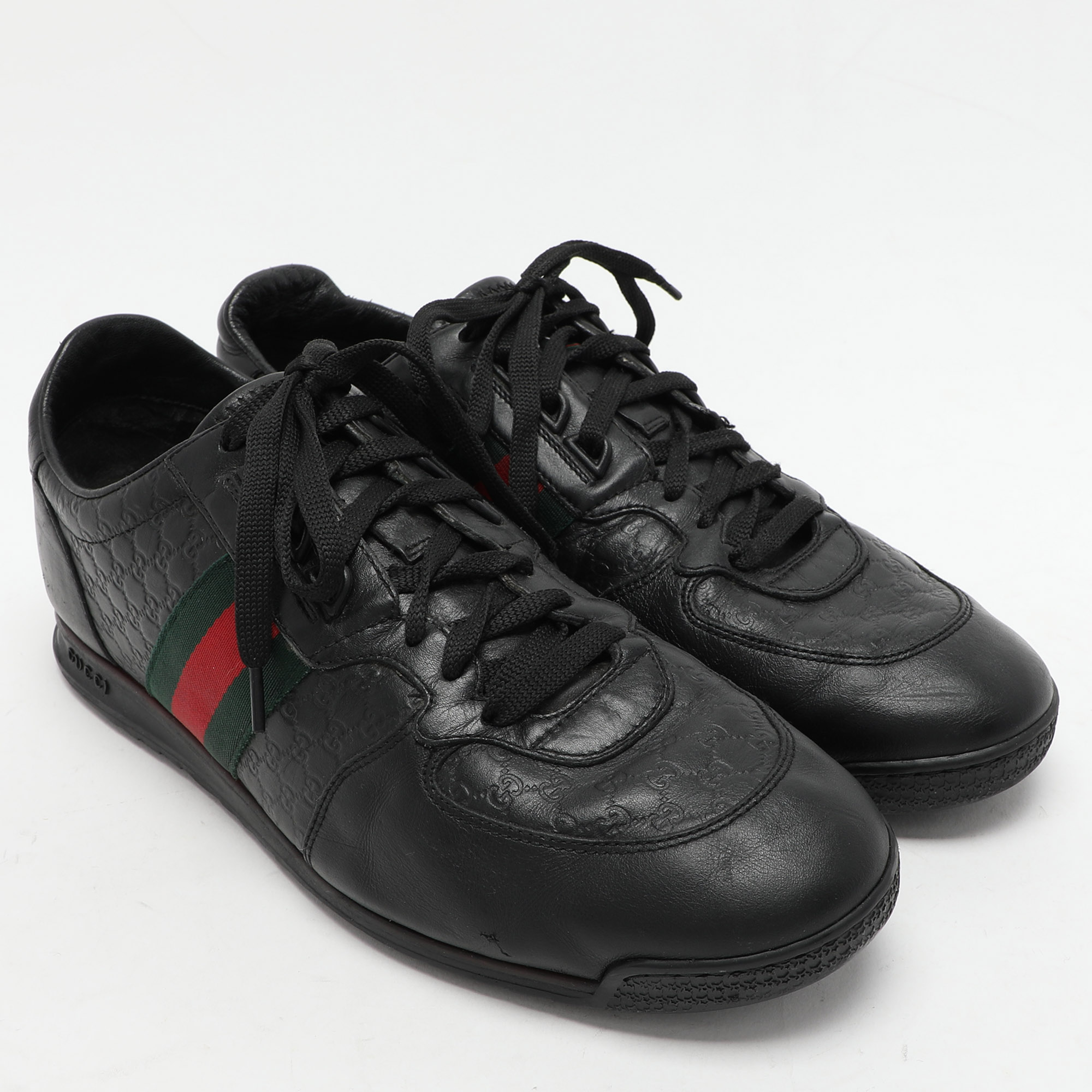 Gucci Black Microguccissima Leather Web Low Top Sneakers Size 43.5