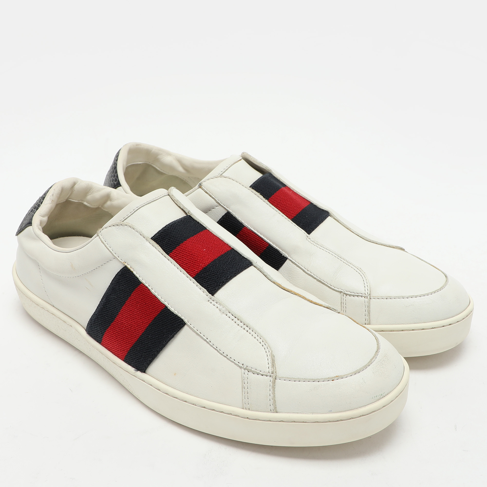 Gucci White Leather Web Slip On Sneakers Size 43