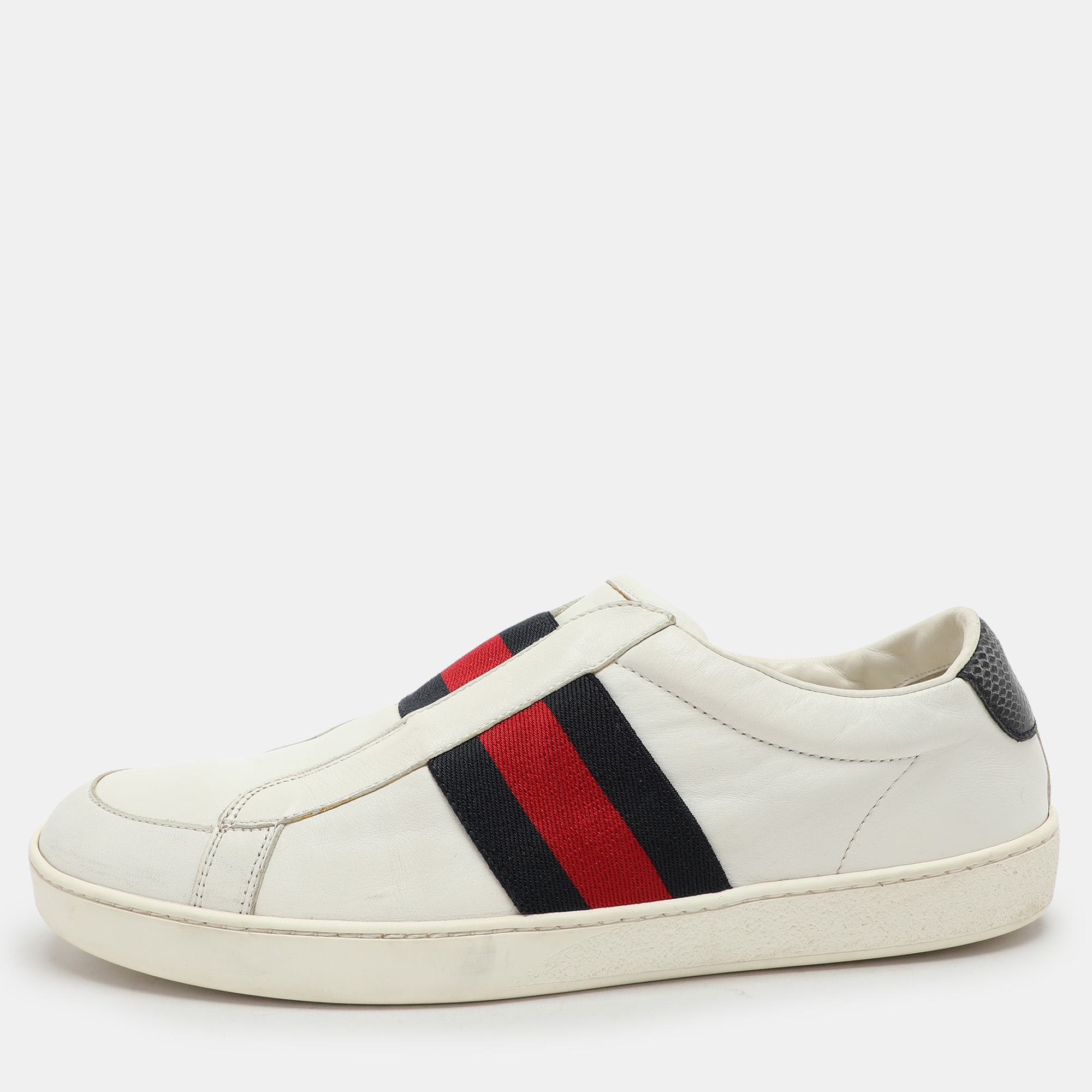 Gucci White Leather Web Slip On Sneakers Size 43