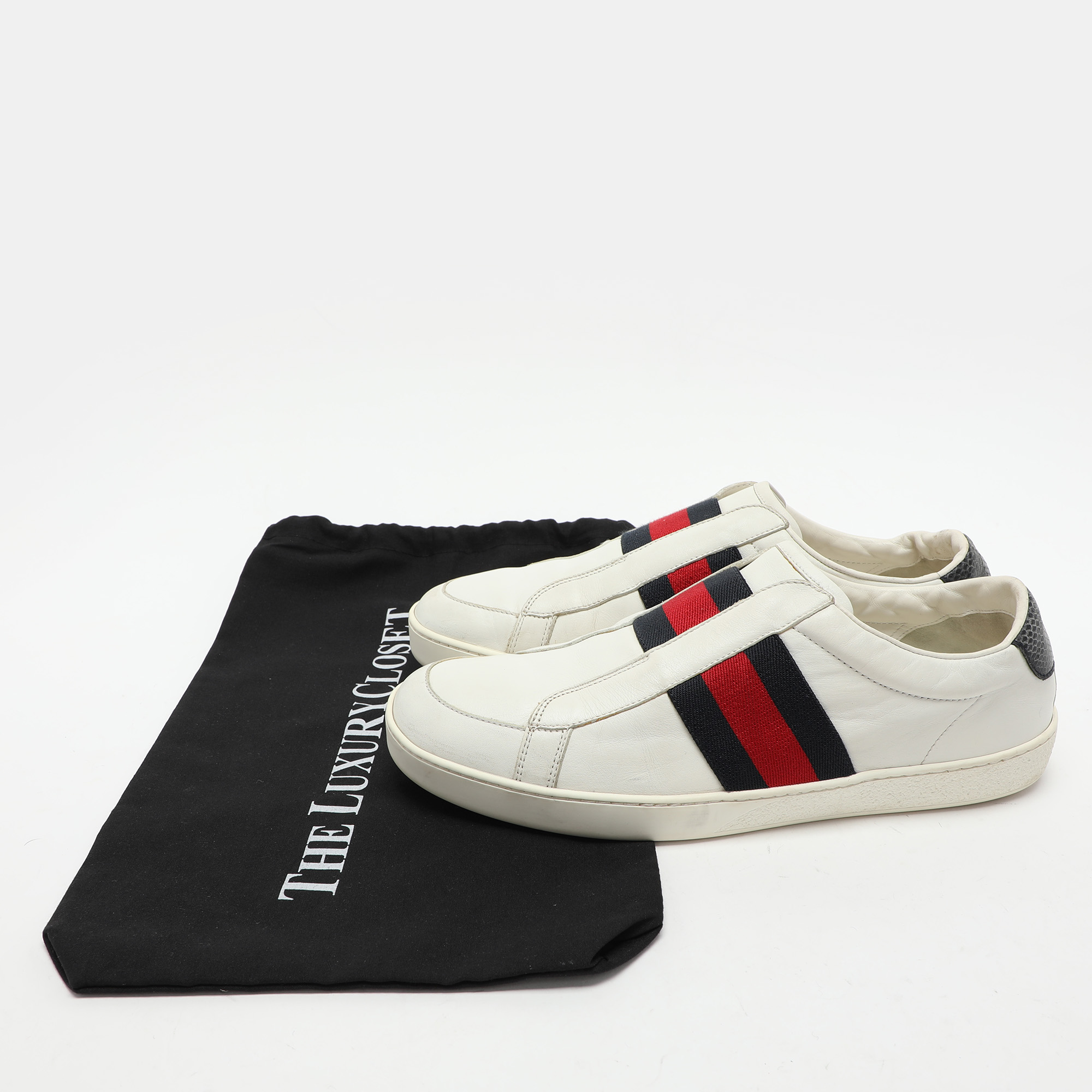 Gucci White Leather Web Slip On Sneakers Size 43