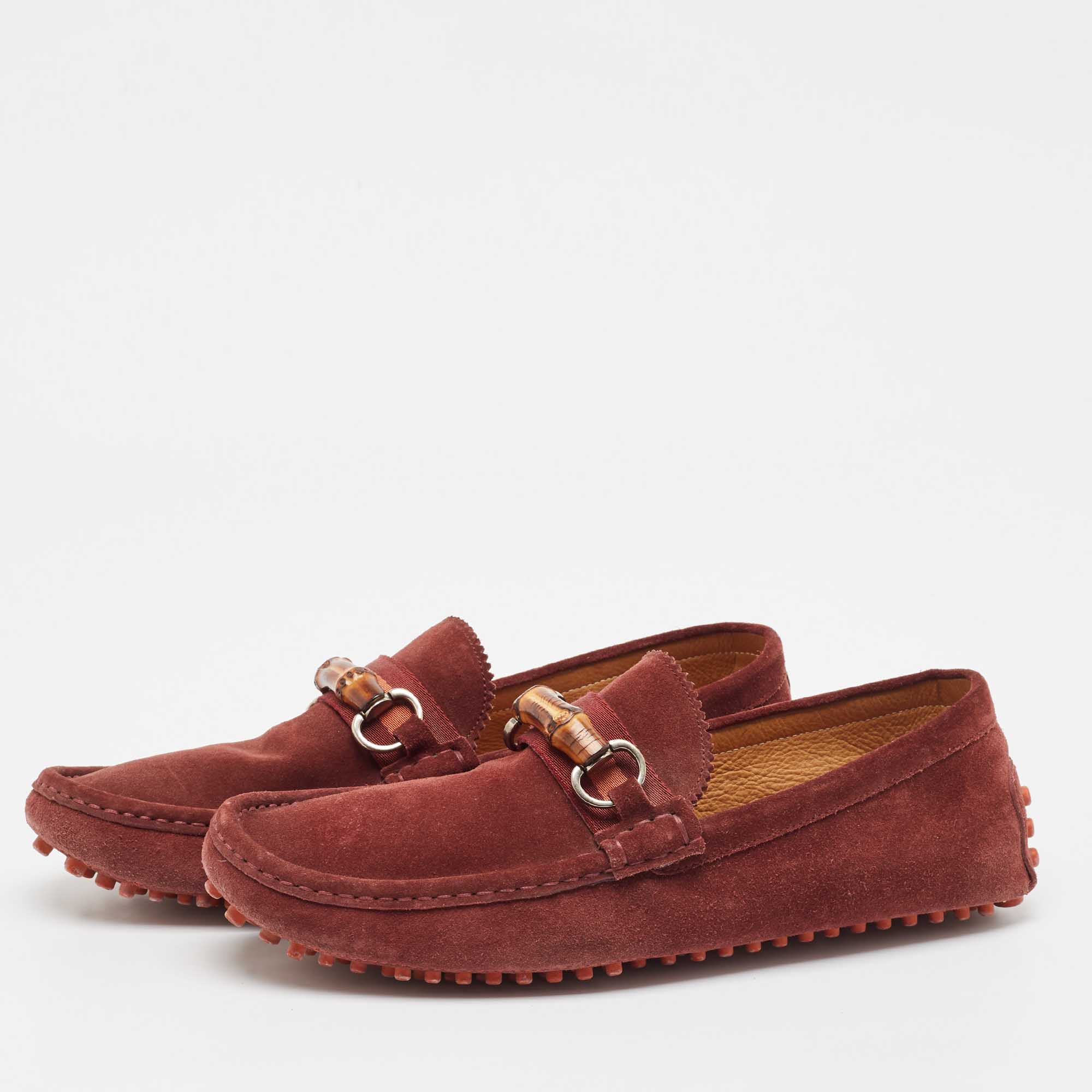 Gucci Burgundy Suede Bamboo Horsebit Loafers Size 44