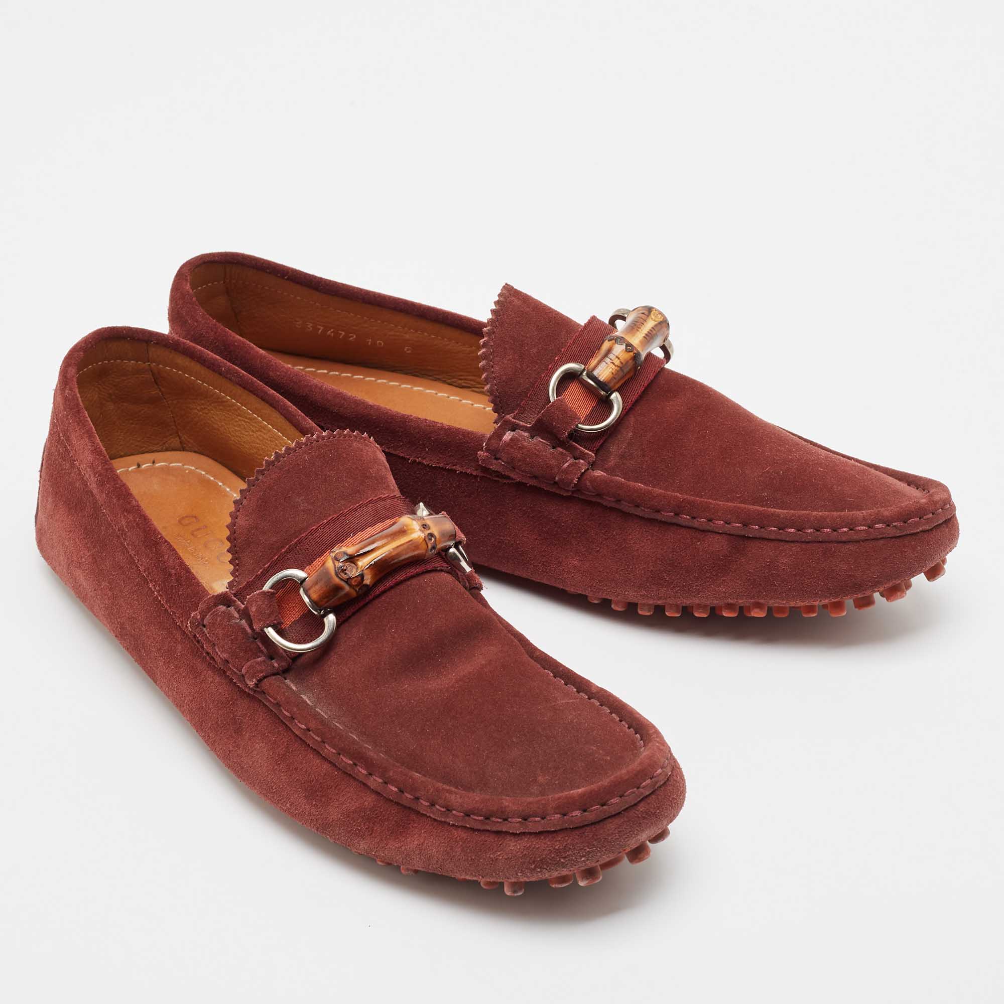 Gucci Burgundy Suede Bamboo Horsebit Loafers Size 44