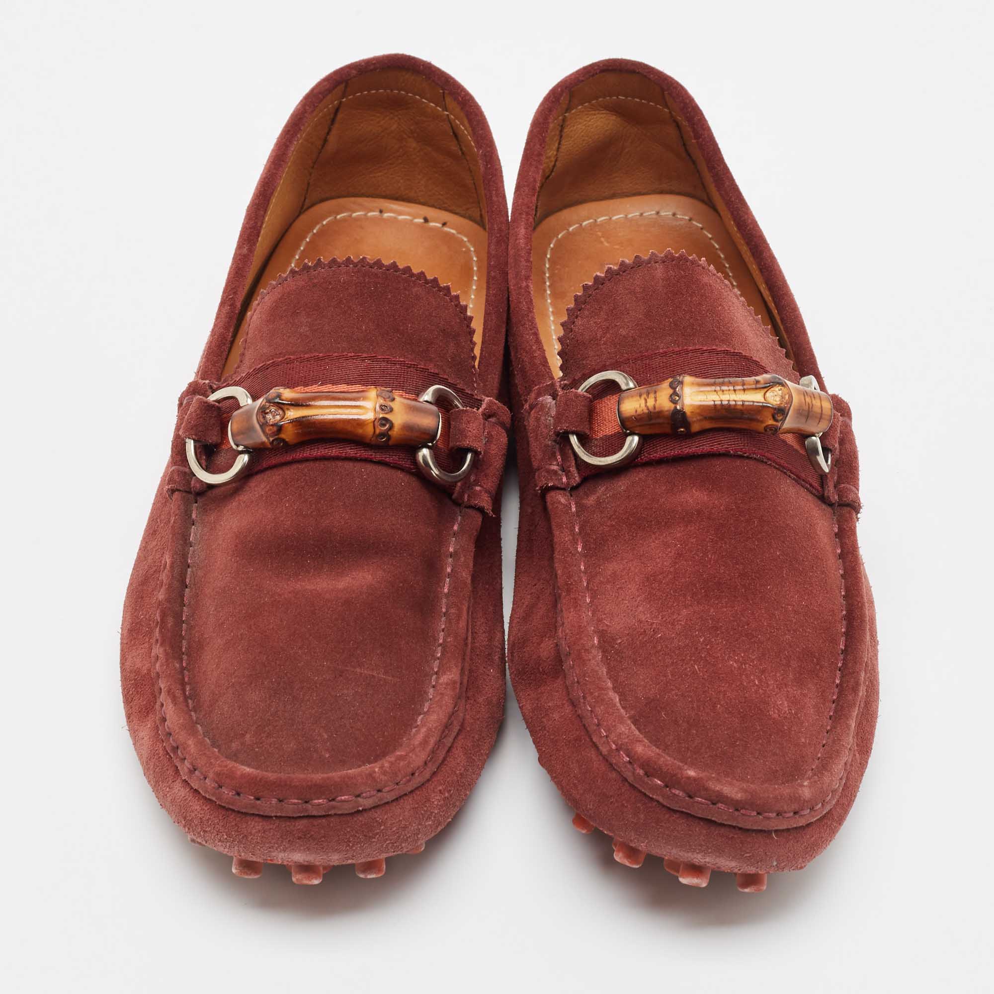 Gucci Burgundy Suede Bamboo Horsebit Loafers Size 44