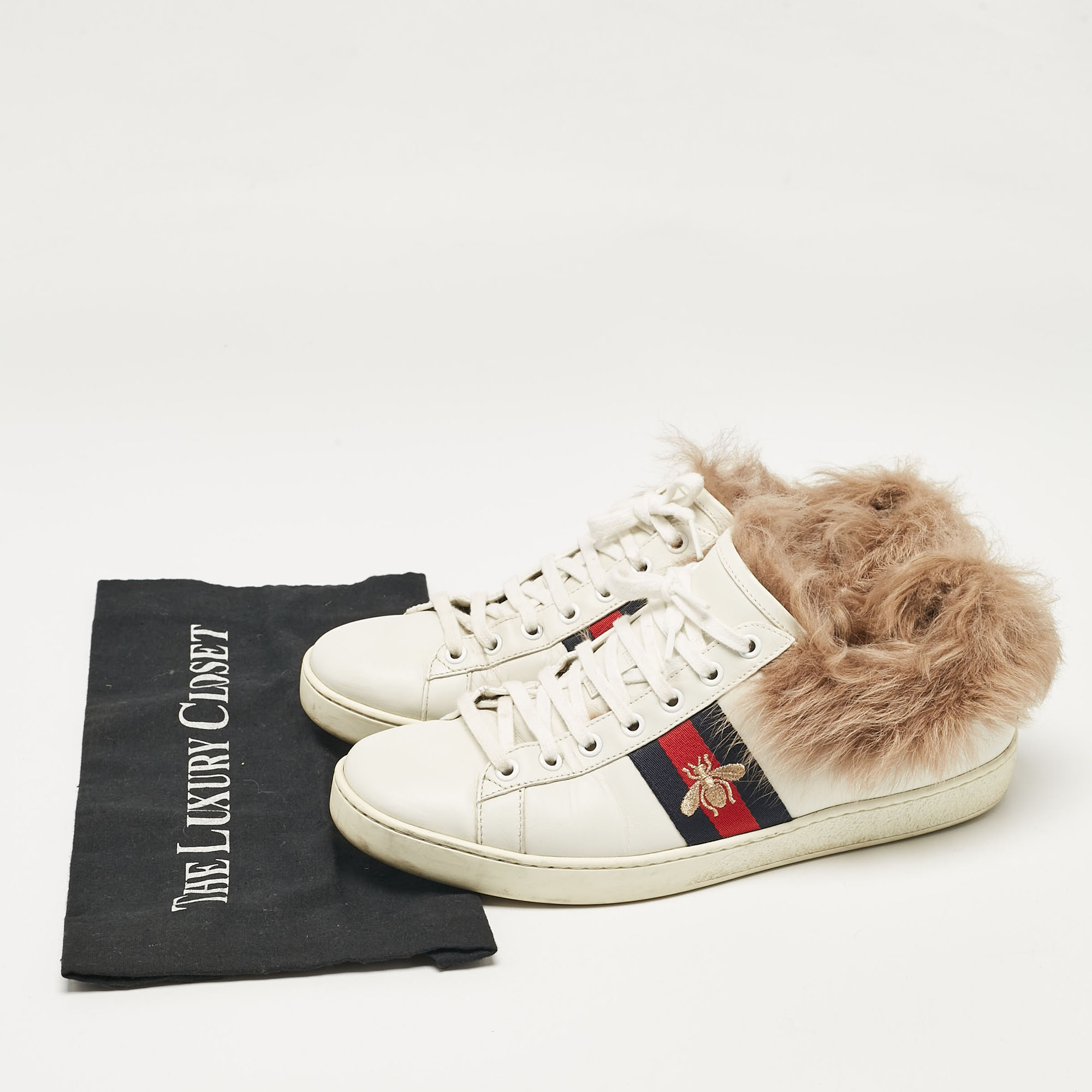 Gucci White Fur And Leather Ace Low Top Sneakers Size 40