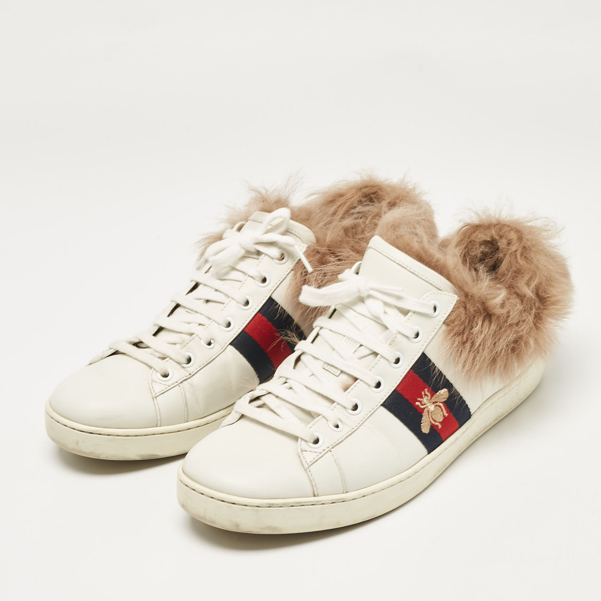 Gucci White Fur And Leather Ace Low Top Sneakers Size 40