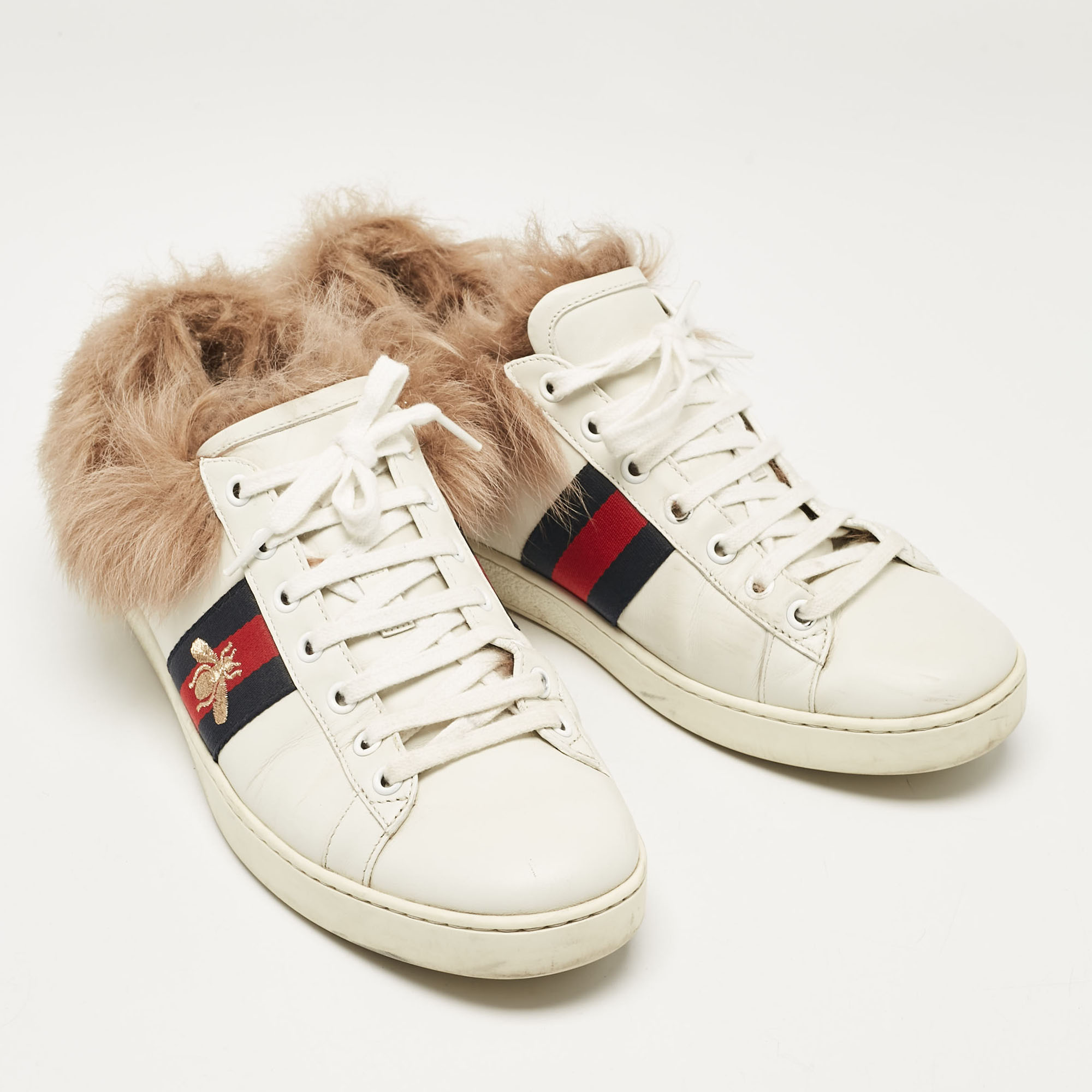 Gucci White Fur And Leather Ace Low Top Sneakers Size 40