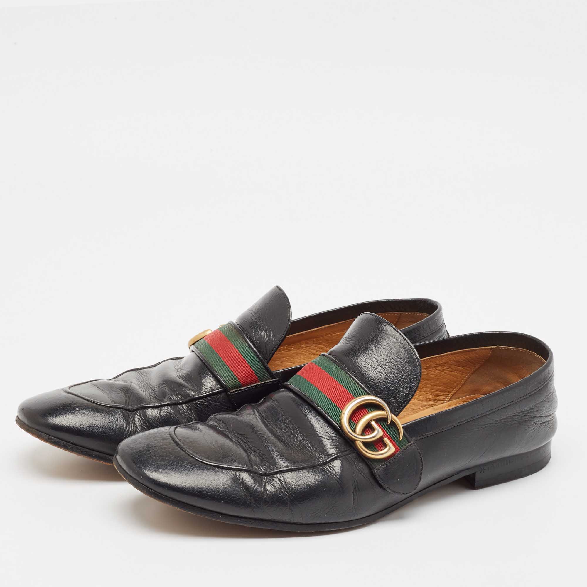 Gucci Black Leather GG Marmont Loafers Size 44