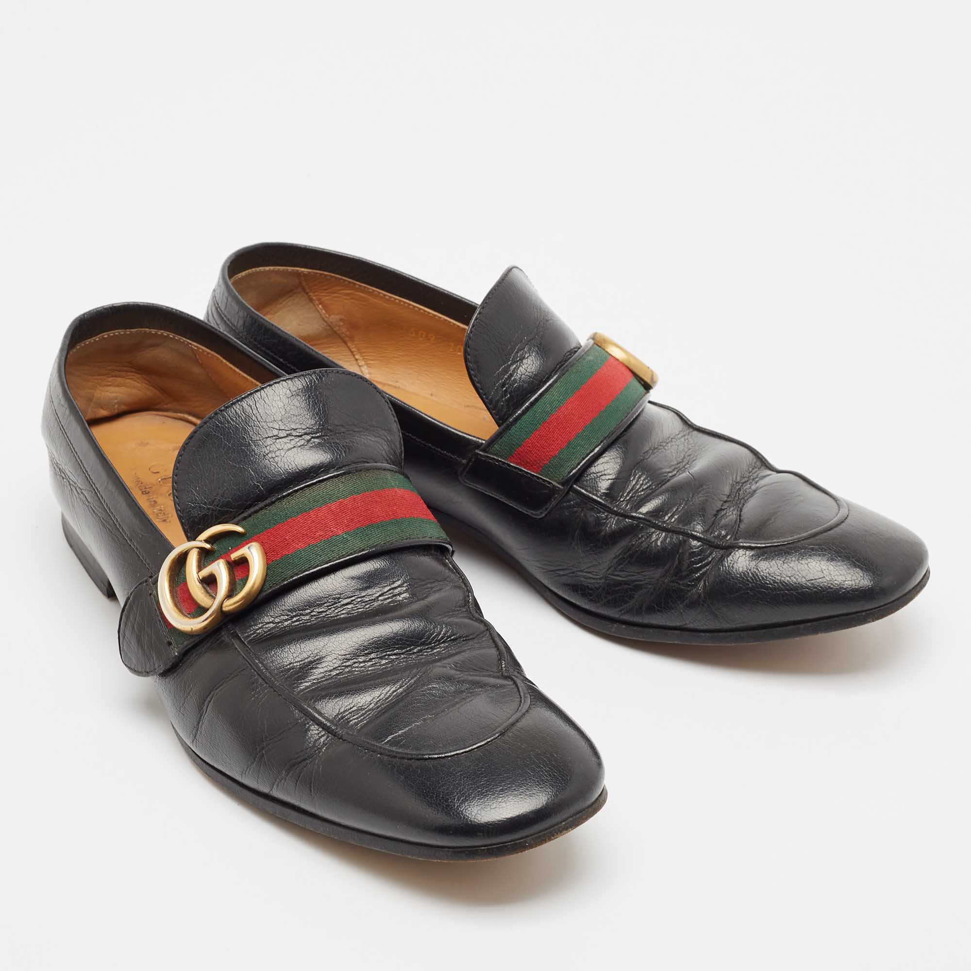 Gucci Black Leather GG Marmont Loafers Size 44