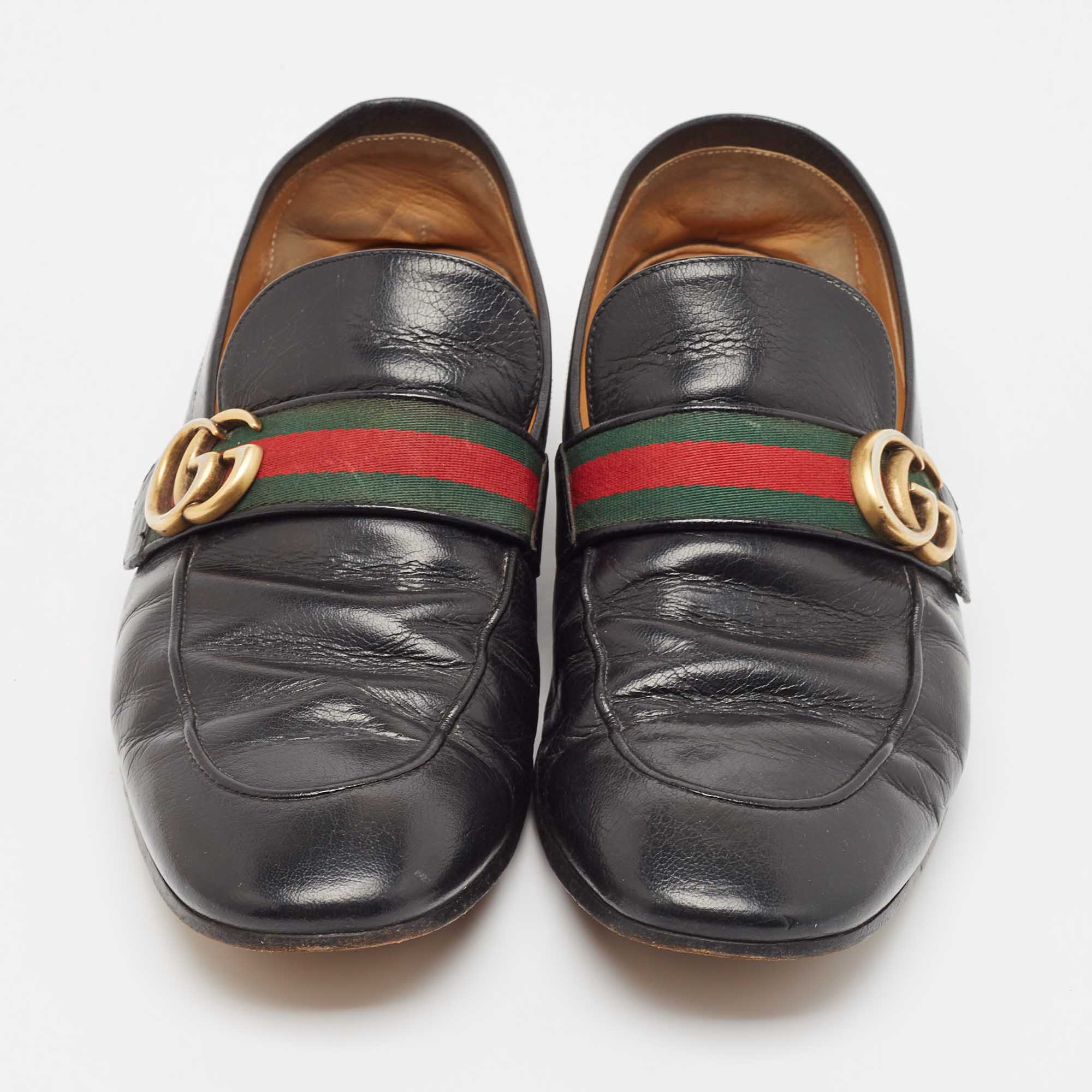 Gucci Black Leather GG Marmont Loafers Size 44