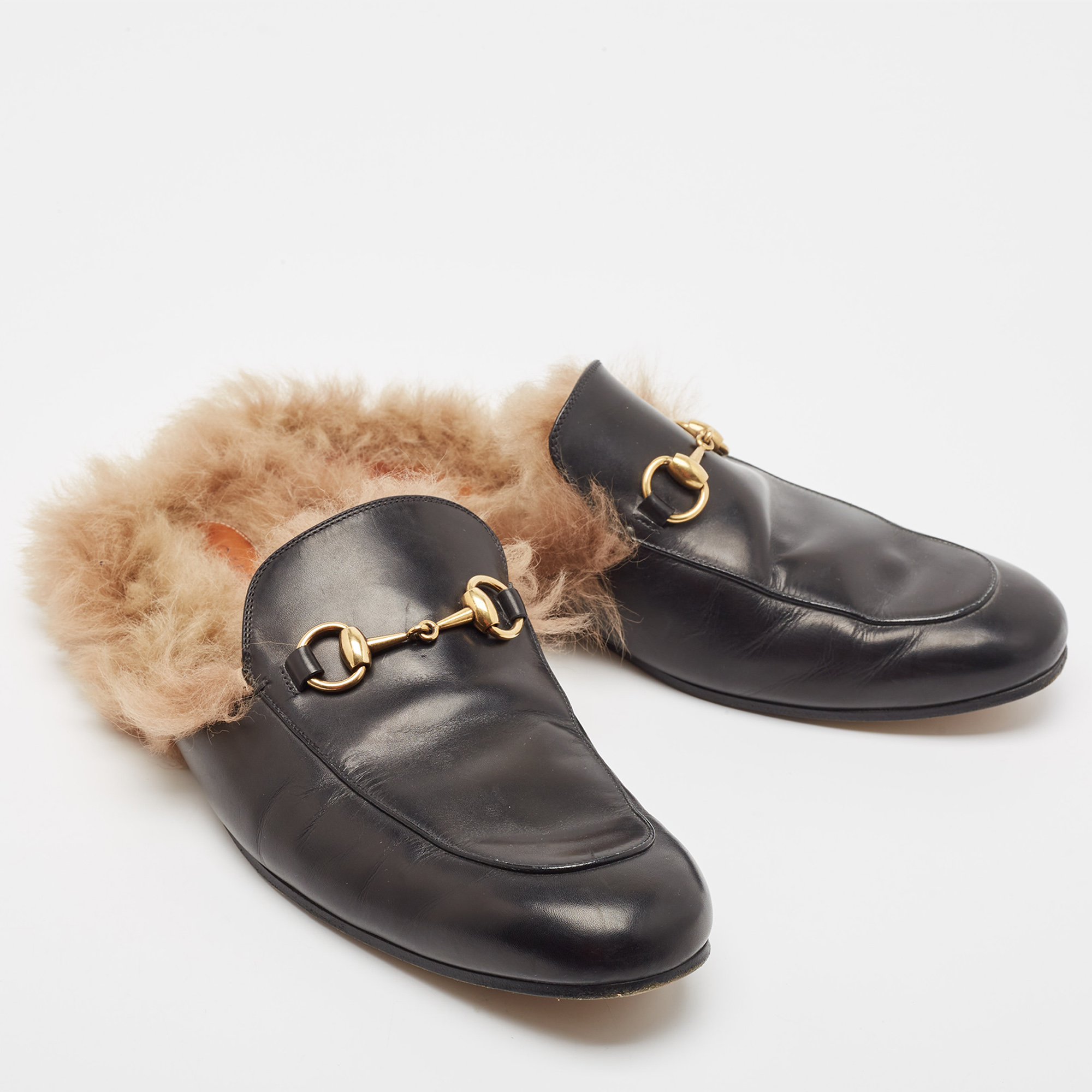 Gucci Black Fur And Leather Princetown Mules Size 43