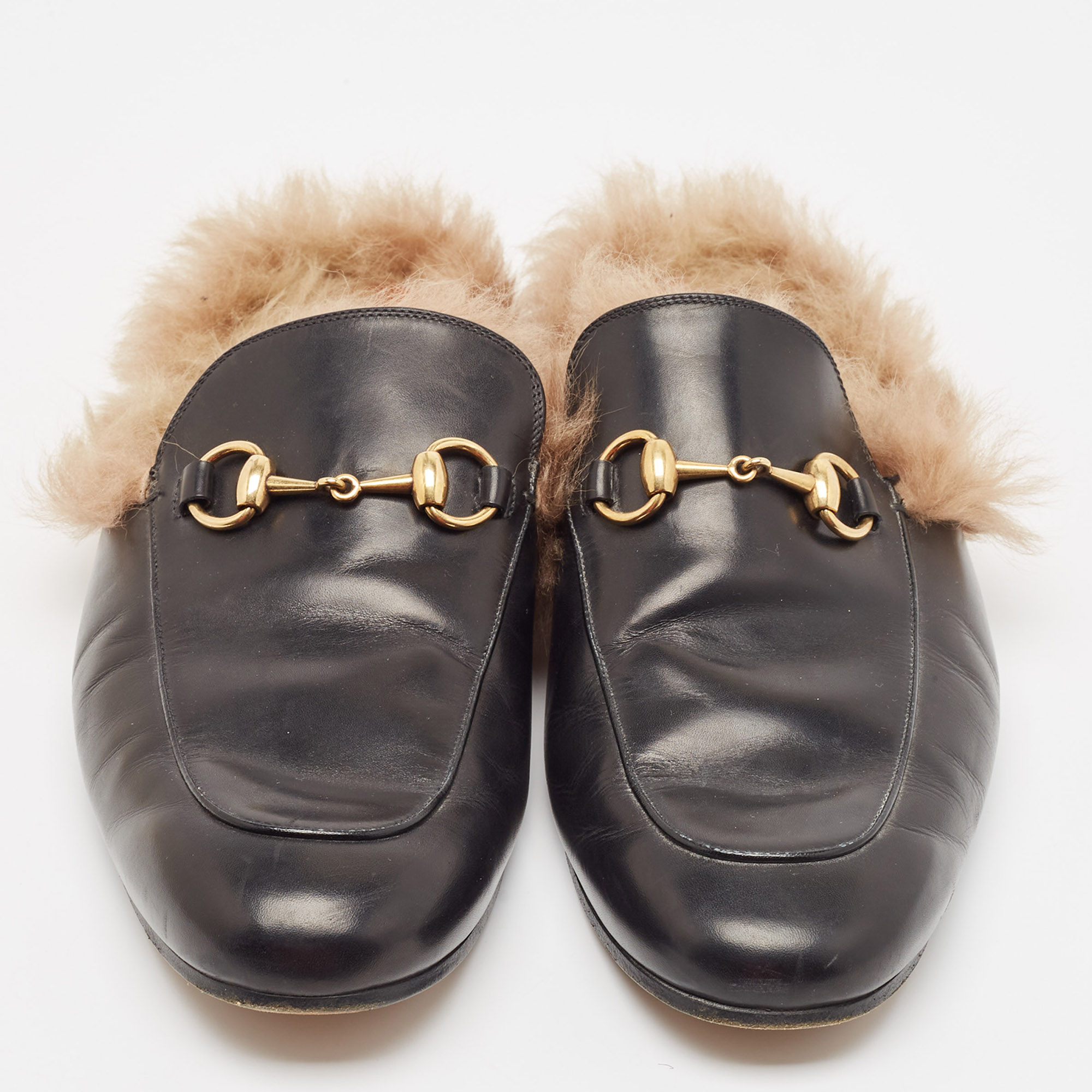 Gucci Black Fur And Leather Princetown Mules Size 43