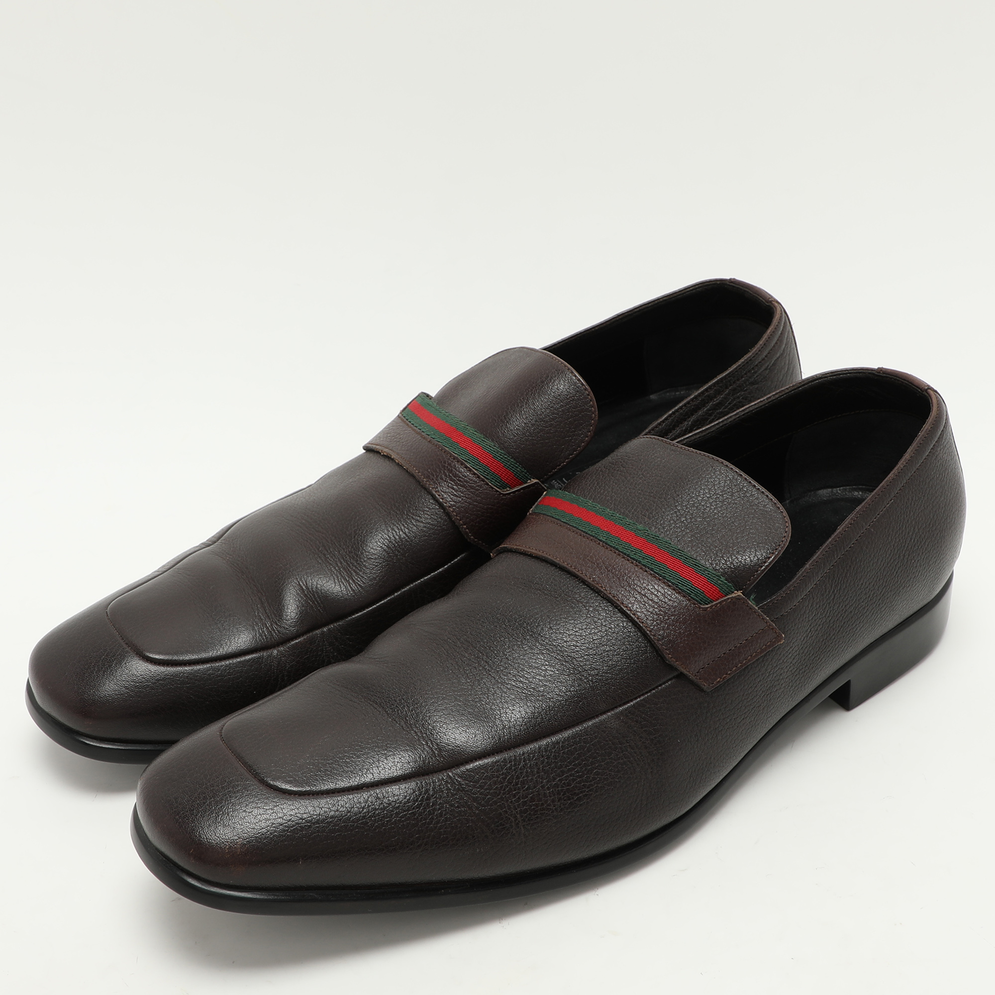 Gucci Brown Leather Web Detail Loafers Size 43