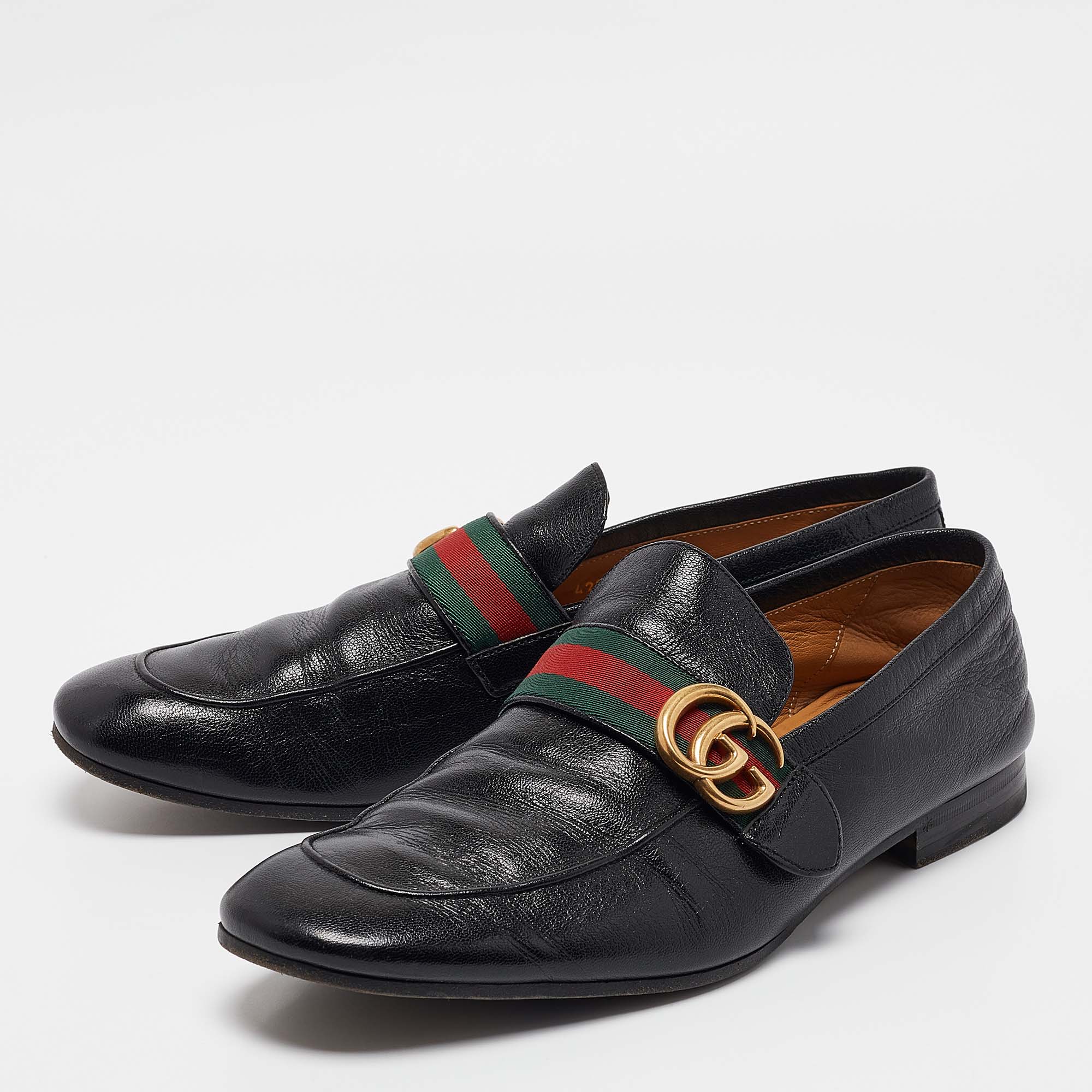 Gucci Black Leather GG Marmont Web Slip On Loafers Size 42.5