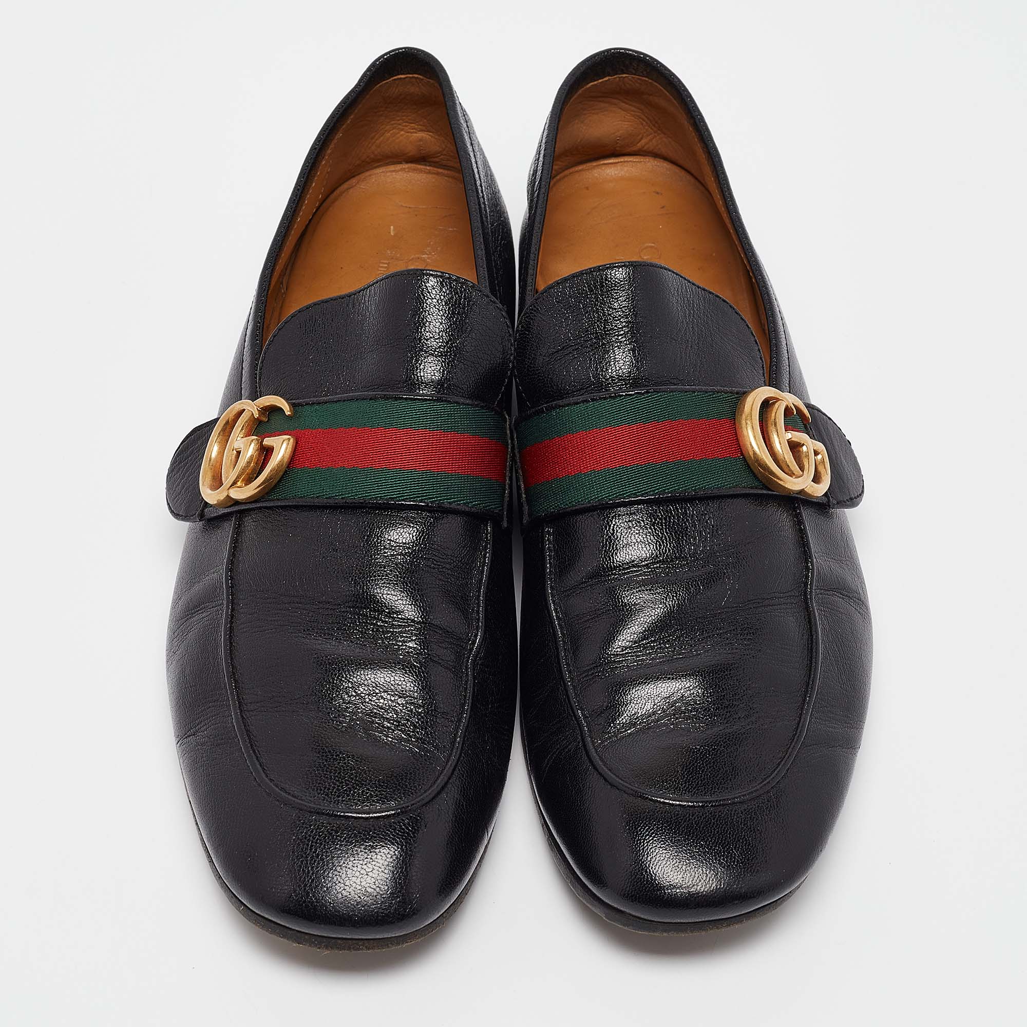 Gucci Black Leather GG Marmont Web Slip On Loafers Size 42.5