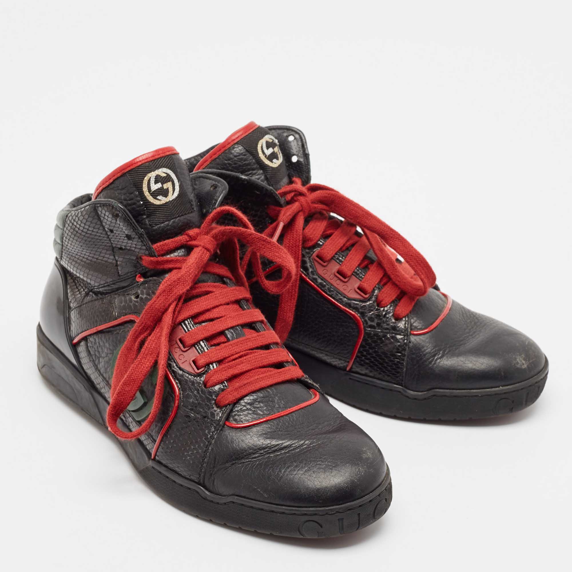 Gucci Black Leather And Snakeskin Leather High Top Sneakers Size 40.5