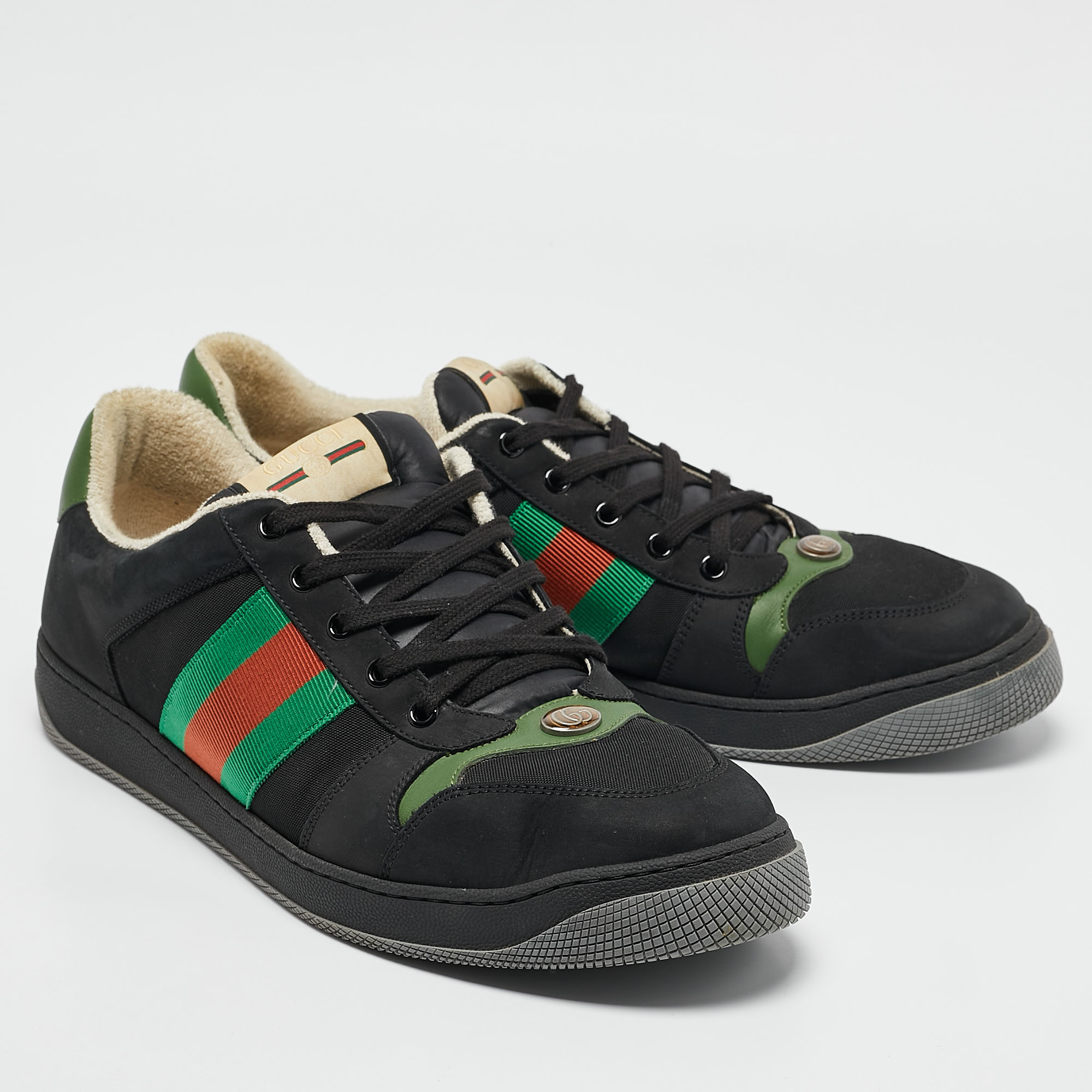 Gucci Black Leather And Nubuck Leather Screener Lace Up Sneakers Size 45