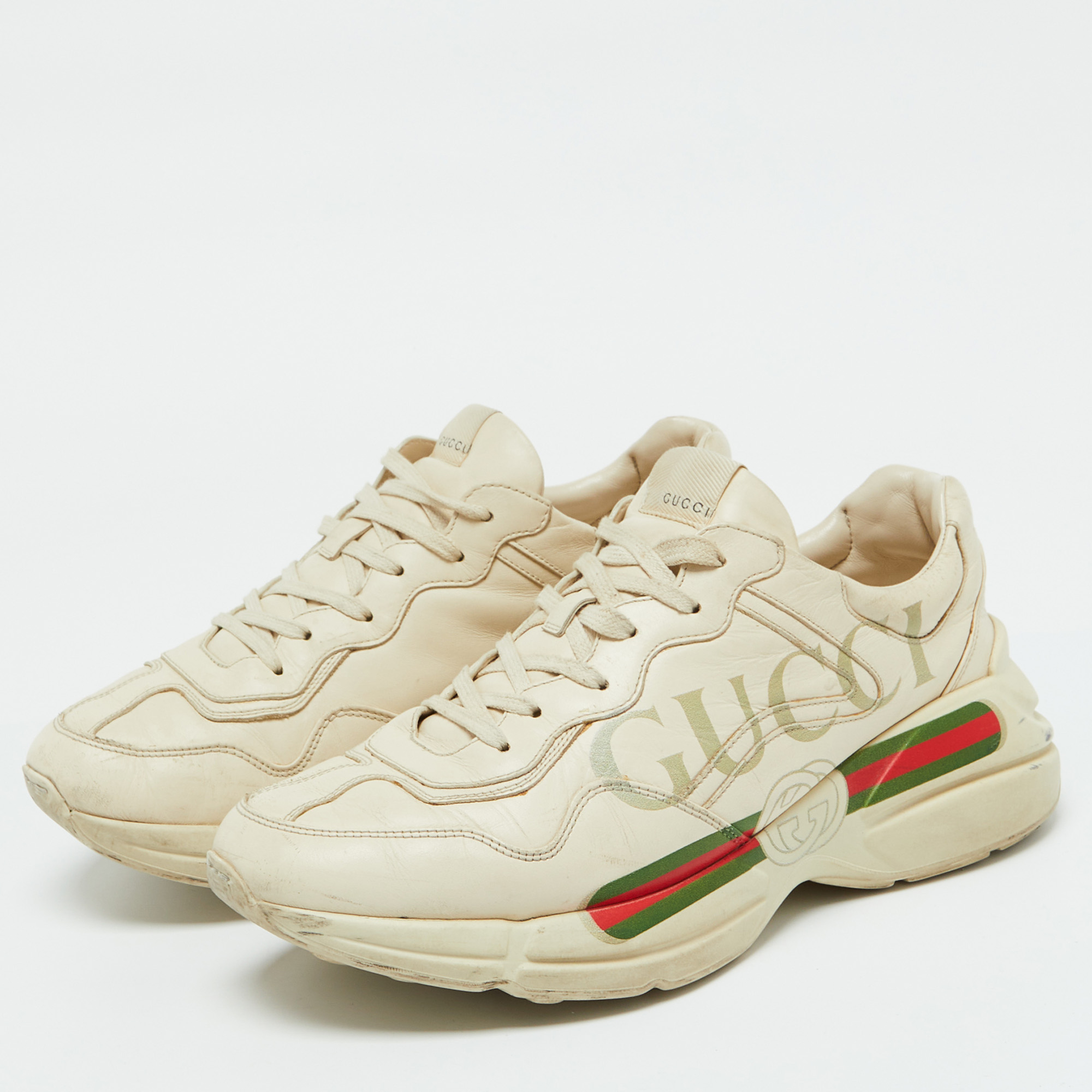 Gucci Cream Leather Rhyton Vintage Gucci Logo Sneakers Size 43.5