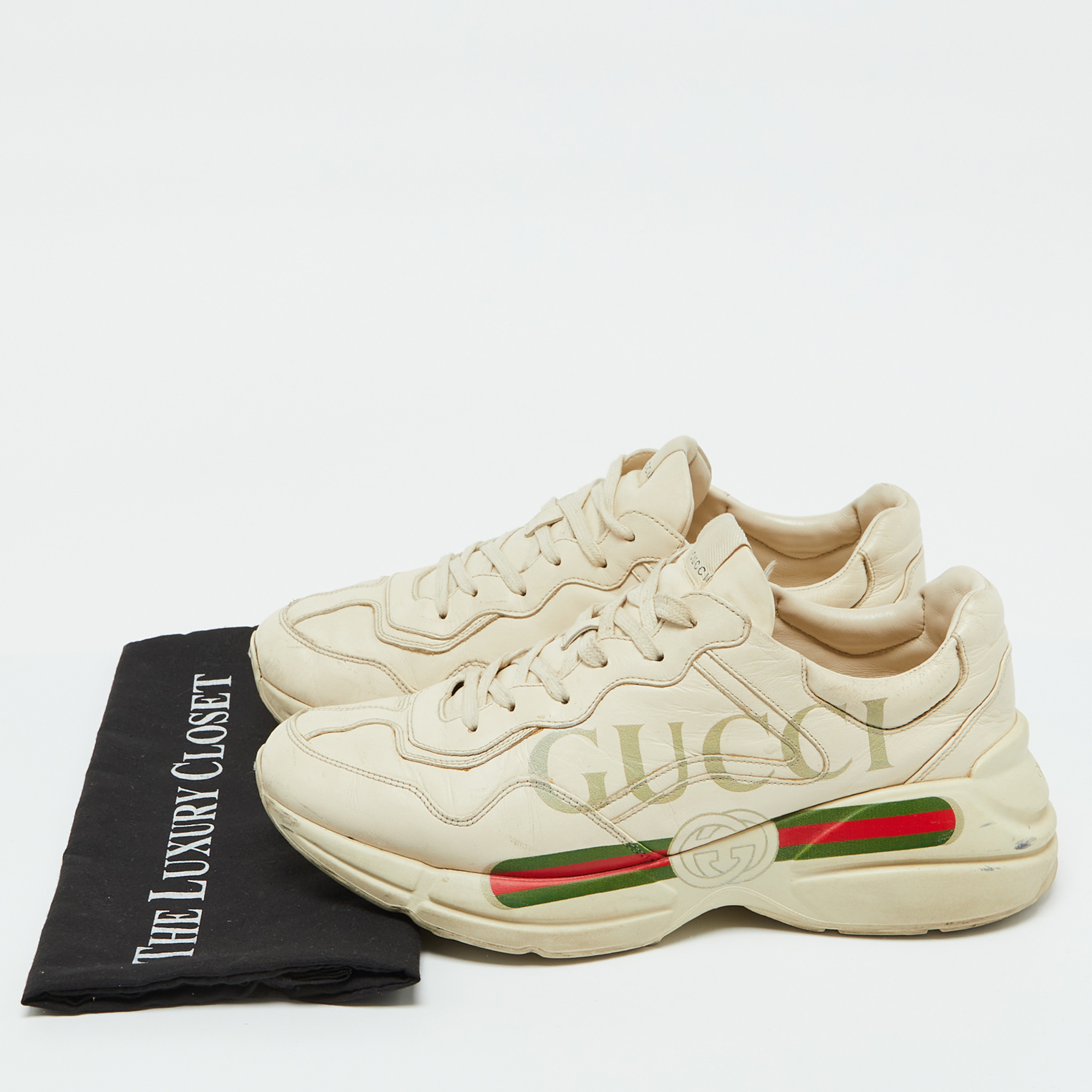 Gucci Cream Leather Rhyton Vintage Gucci Logo Sneakers Size 43.5