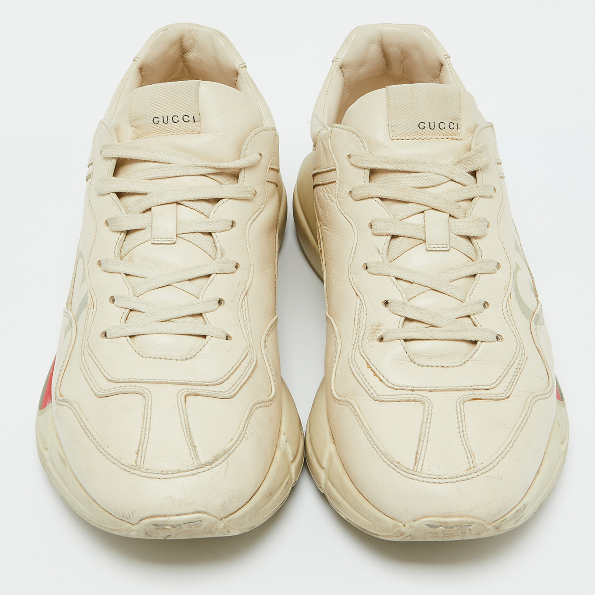 Gucci Cream Leather Rhyton Vintage Gucci Logo Sneakers Size 43.5