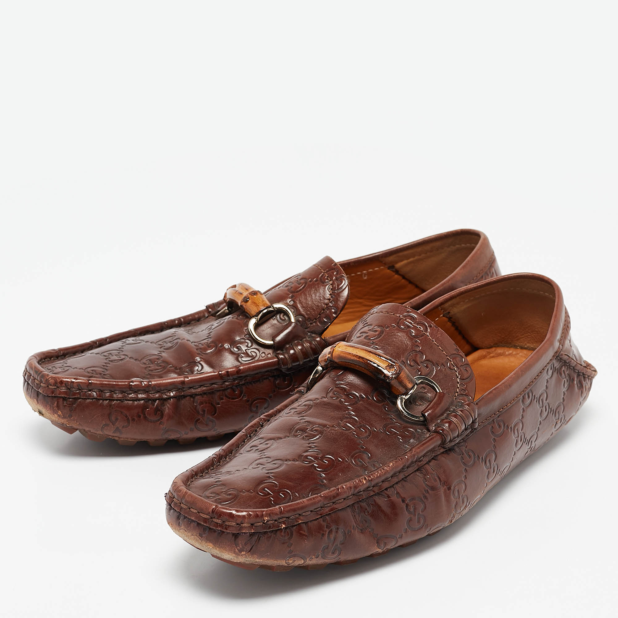 Gucci Brown Guccissima Leather Bamboo Horsebit Slip On Loafers Size 43.5