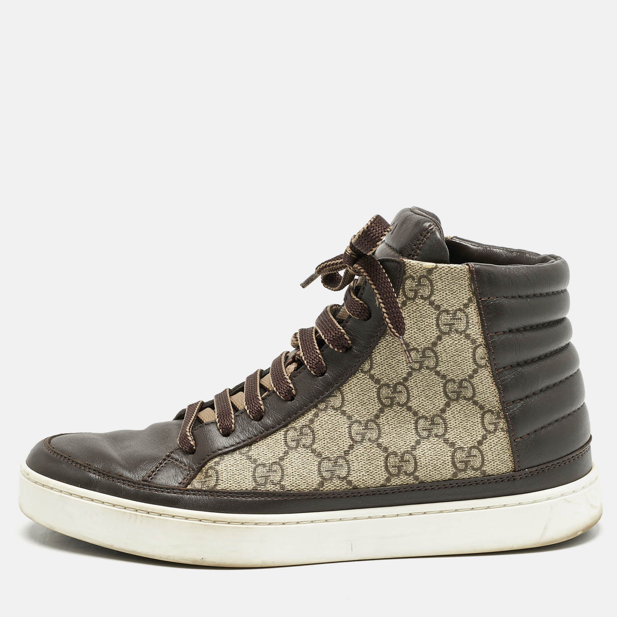 Gucci Brown/Grey GG Supreme Canvas and Leather Cap Toe High Top Sneakers Size 40.5
Gucci Brown/Grey GG Supreme Canvas and Leather Cap Toe High Top Sneakers Size 40.5