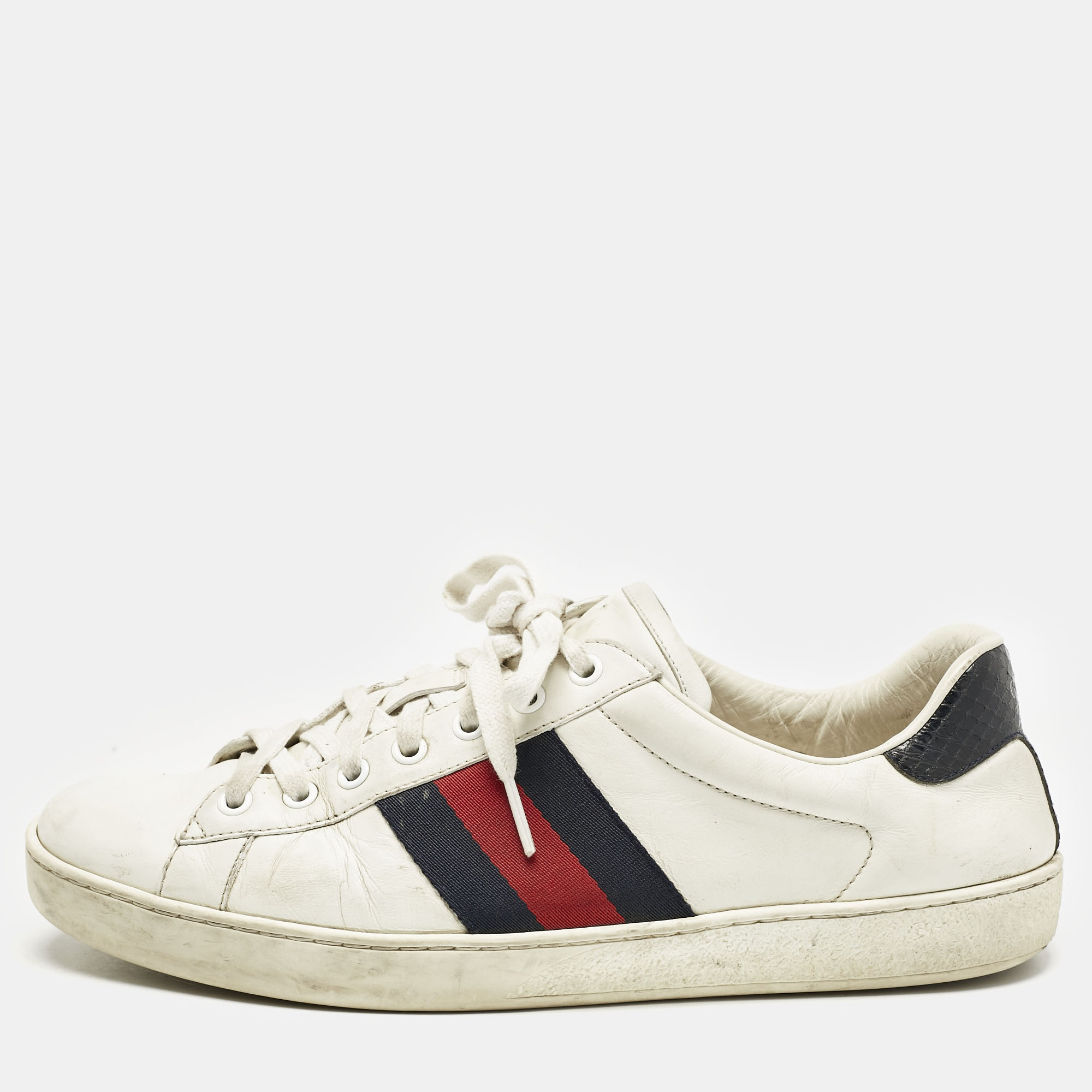Gucci White/Blue Leather and Snakeskin Leather Ace Low Top Sneakers Size 42
Gucci White/Blue Leather and Snakeskin Leather Ace Low Top Sneakers Size 42