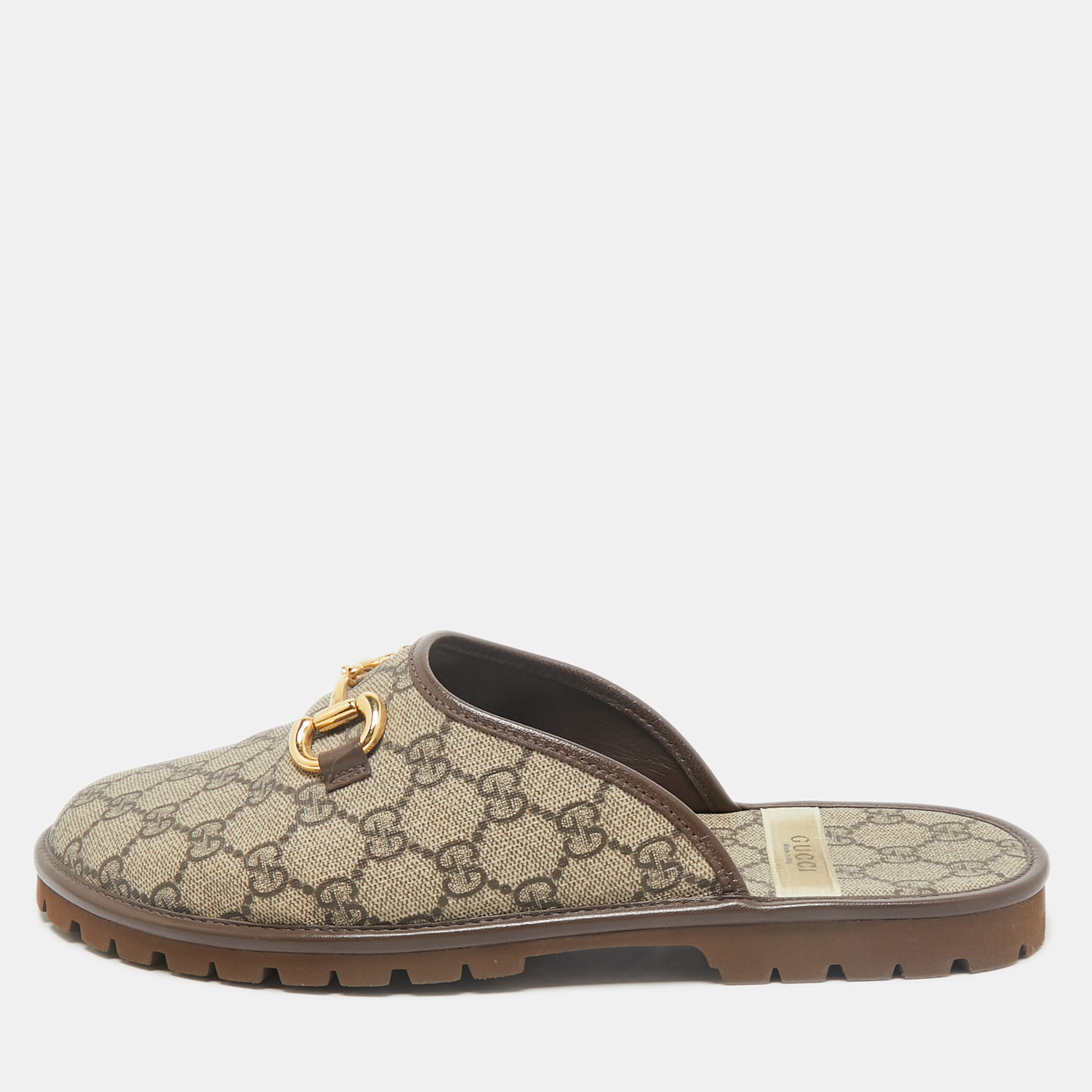 Gucci Beige/Brown GG Supreme Canvas and Leather Flat Mules Size 42.5
Gucci Beige/Brown GG Supreme Canvas and Leather Flat Mules Size 42.5