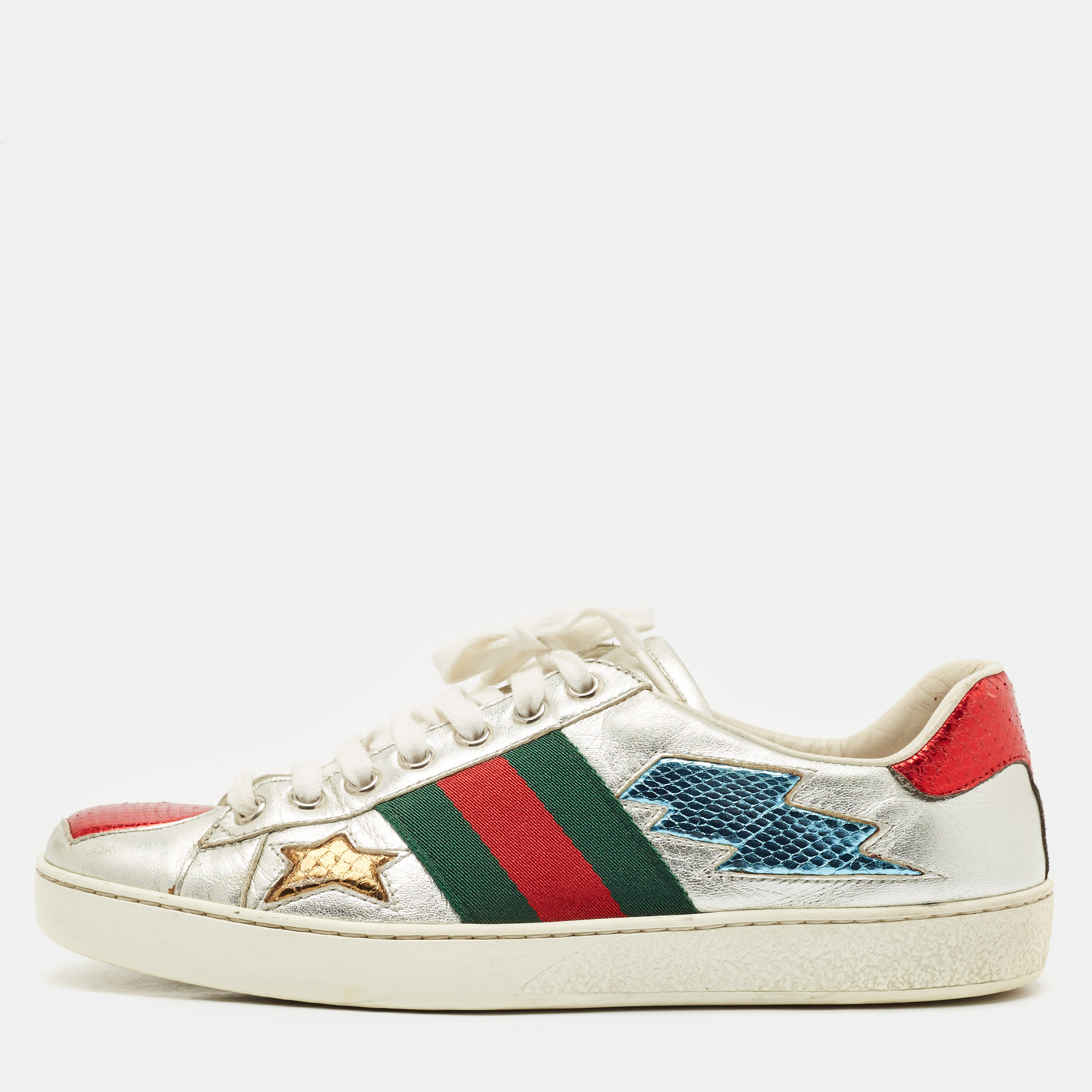 Gucci Silver Leather and Python Embossed Leather Ace Lace Up Sneakers Size 39.5
Gucci Silver Leather and Python Embossed Leather Ace Lace Up Sneakers Size 39.5