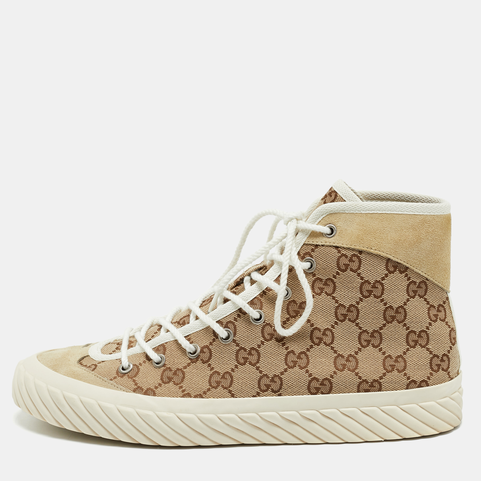 Gucci Beige/Brown GG Canvas and Suede Tortuga High Top Sneakers Size 42
Gucci Beige/Brown GG Canvas and Suede Tortuga High Top Sneakers Size 42