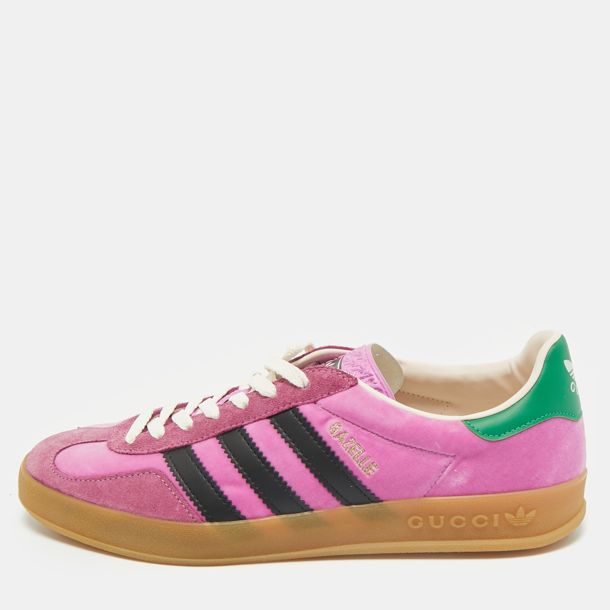 Gucci x Adidas Pink Velvet and Suede Gazelle Sneakers Size 42 2/3
Gucci x Adidas Pink Velvet and Suede Gazelle Sneakers Size 42 2/3