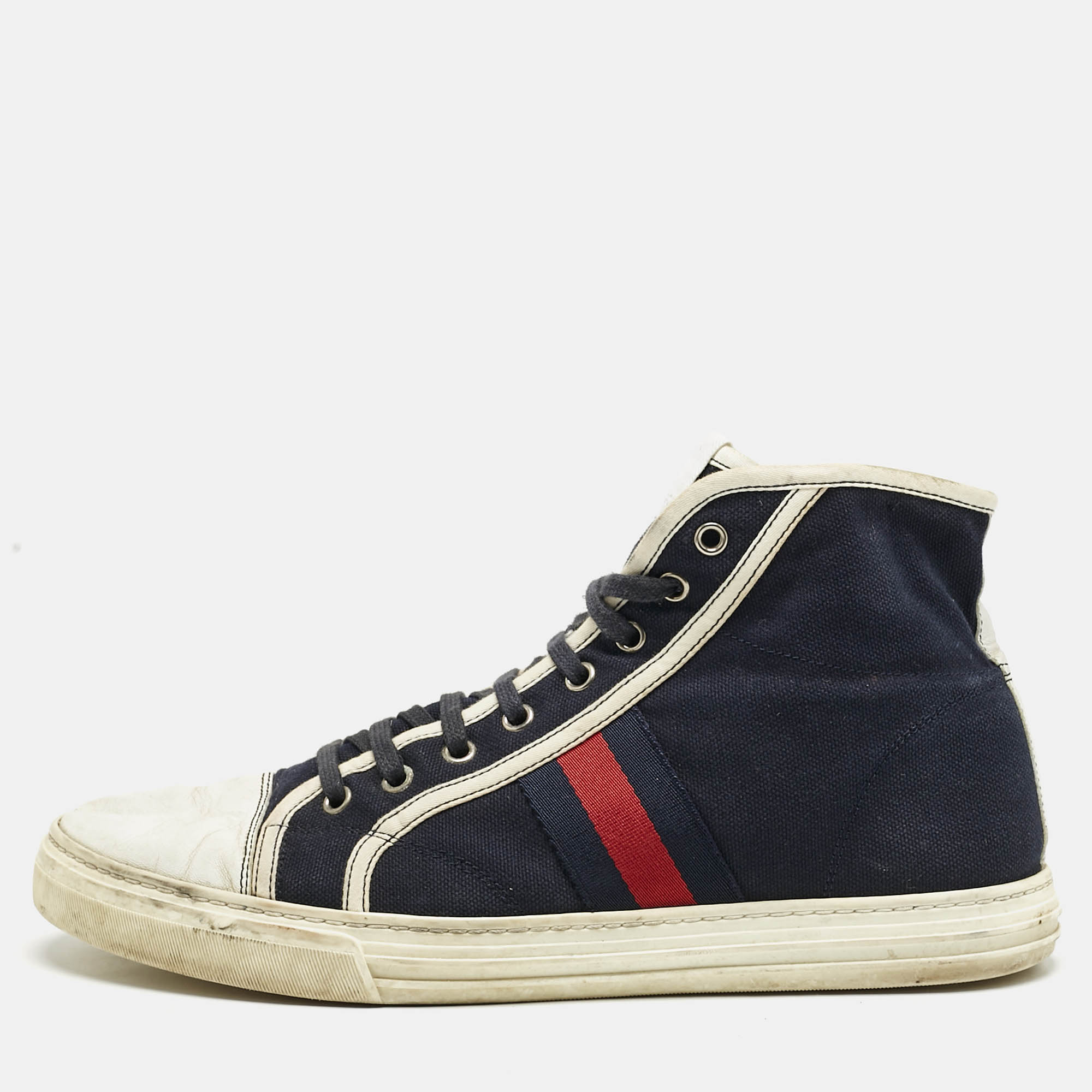 Gucci Navy Blue/White Canvas and Leather Web Detail High Top Sneakers Size 43
Gucci Navy Blue/White Canvas and Leather Web Detail High Top Sneakers Size 43