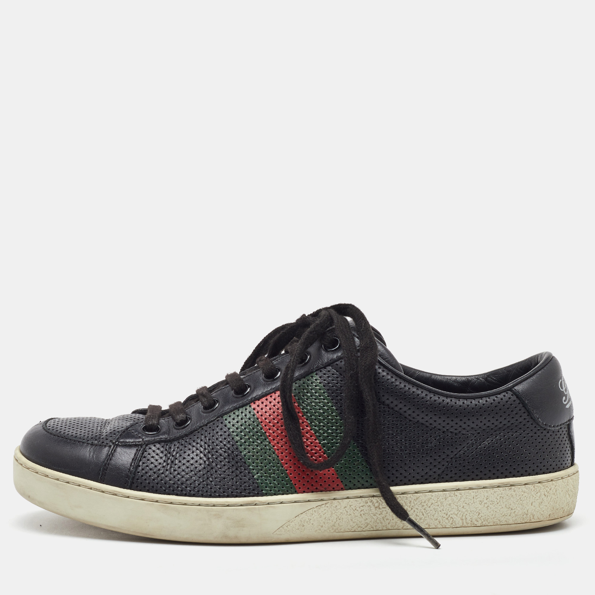 Gucci Black Perforated Leather Web Detail Low Top Sneakers Size 40 - Gucci - Modalova