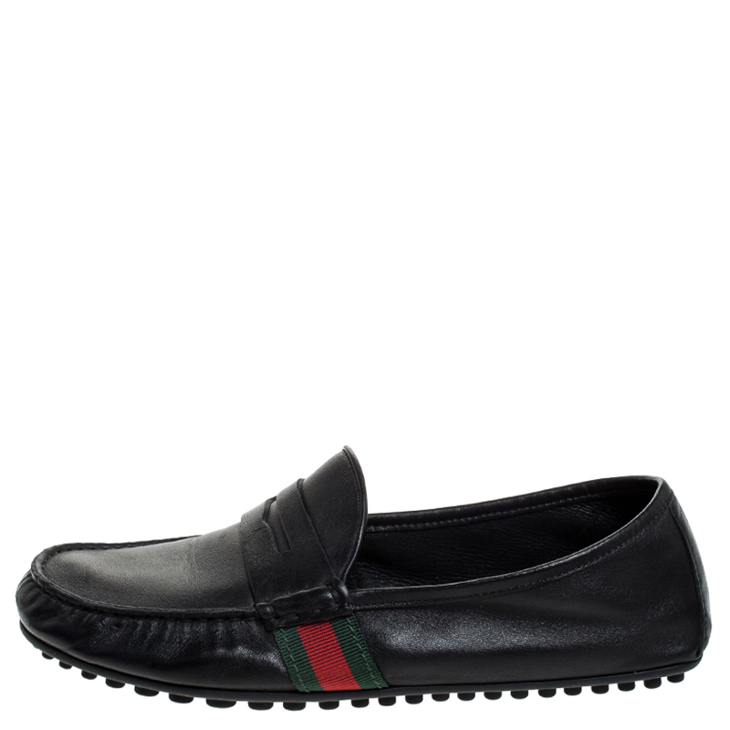 

Gucci Black Leather Web Penny Loafers Size
