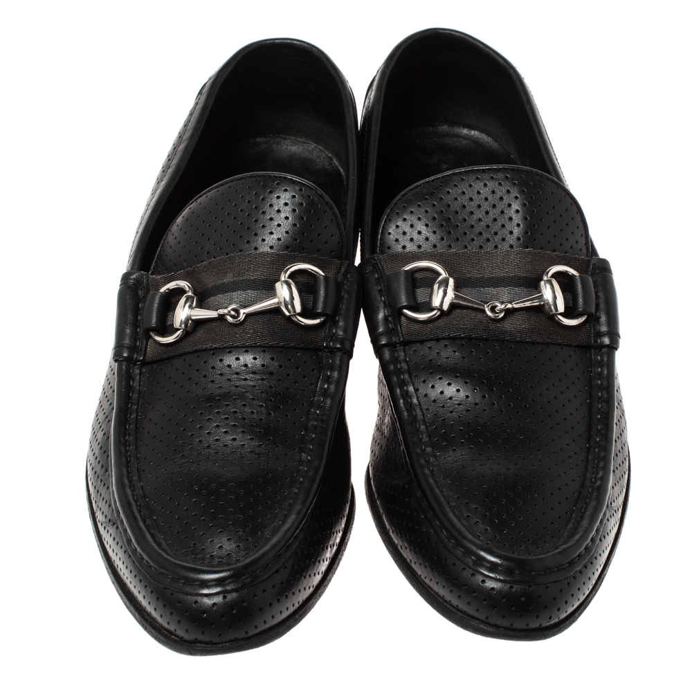 Gucci Black Perforated Leather Horsebit Slip On Loafers Size 45
