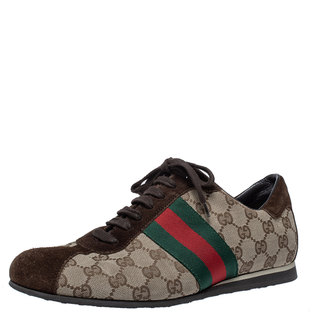 Image of Gucci Beige/Brown GG Canvas and Suede Web Low Top Sneakers Size