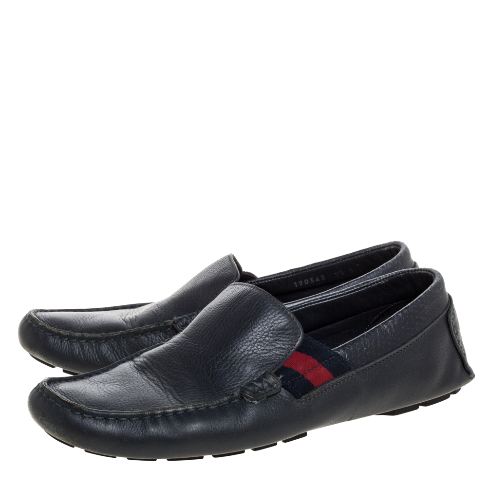 Gucci Blue Leather Web Detail Loafers Size 41.5