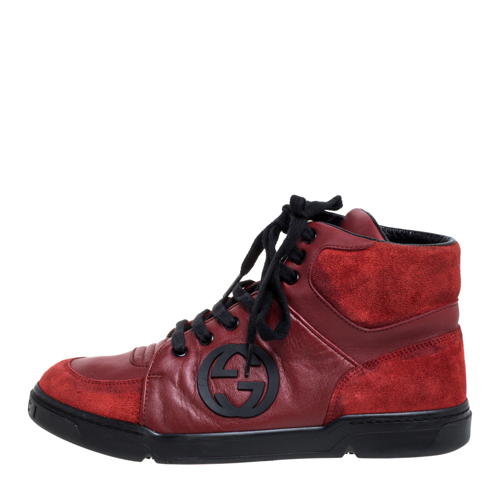 Gucci Red Leather And Suede High-Top Sneakers Size 40