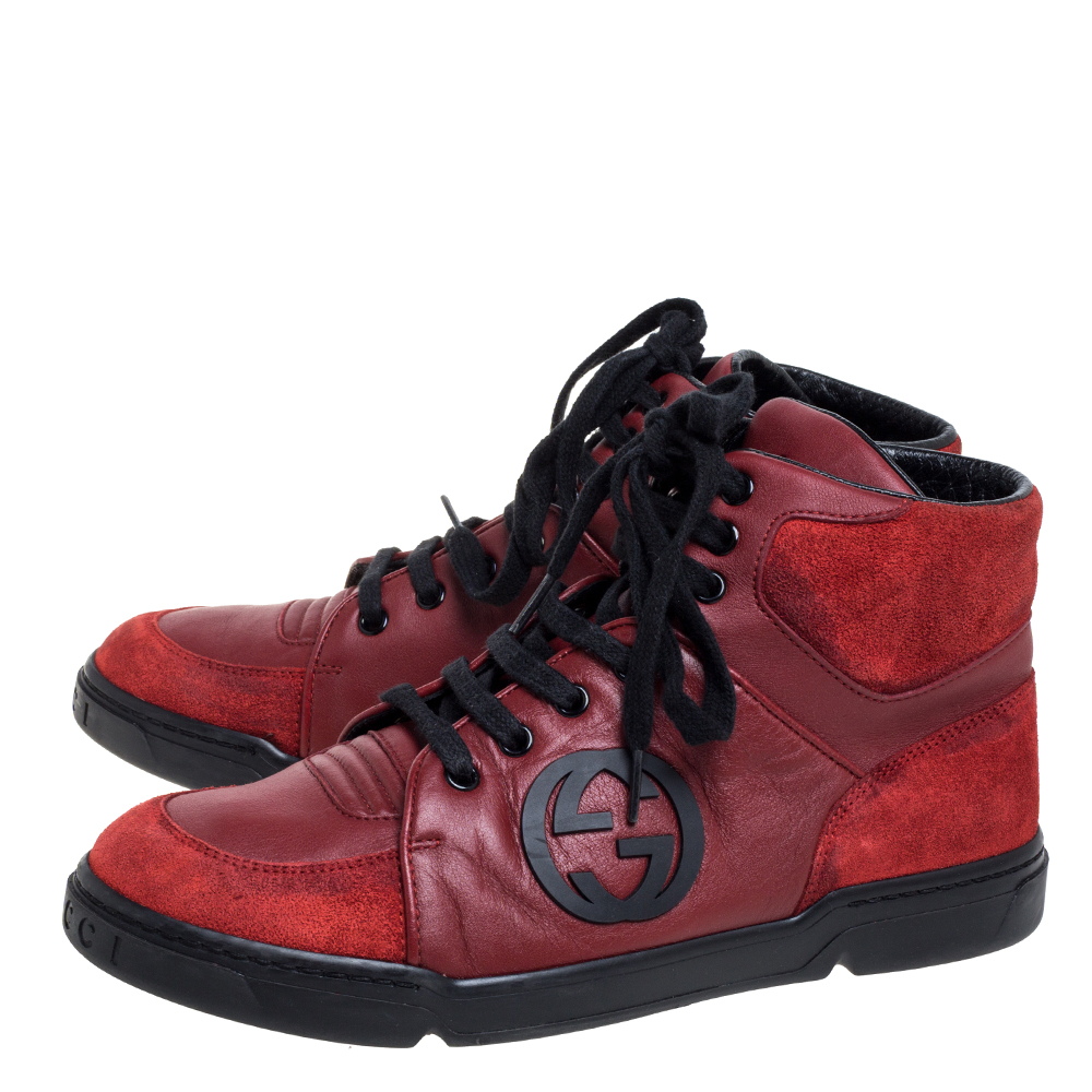 Gucci Red Leather And Suede High-Top Sneakers Size 40