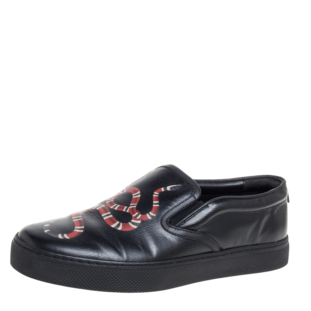Image of Gucci Black Leather Snake Print Slip On Sneakers Size .
