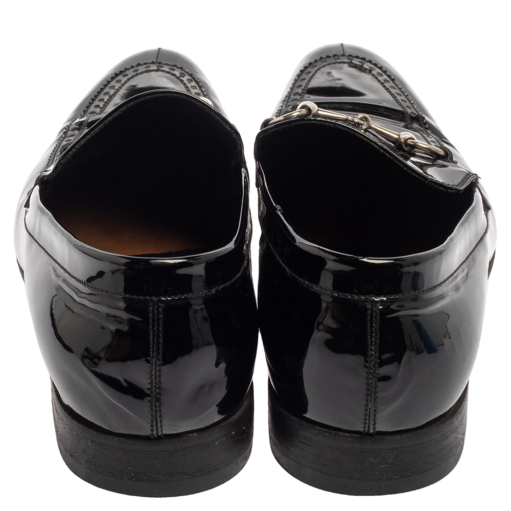 Gucci Black Patent Leather Horsebit Slip On Loafers Size 42