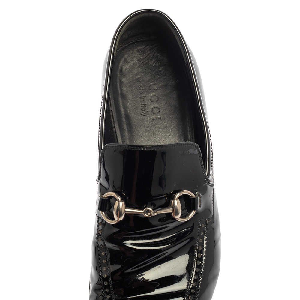 Gucci Black Patent Leather Horsebit Slip On Loafers Size 42