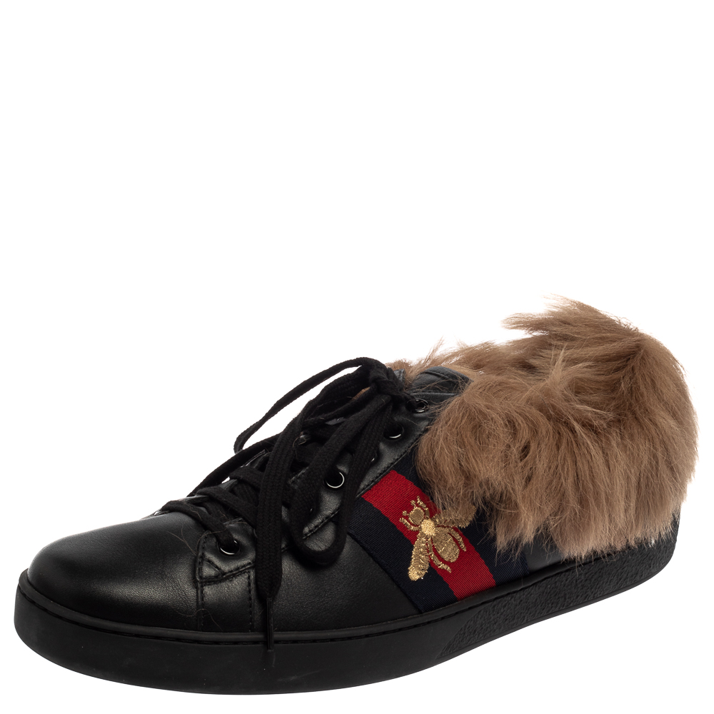 Gucci Black Leather And Fur Ace Web Strap Sneaker Size 44