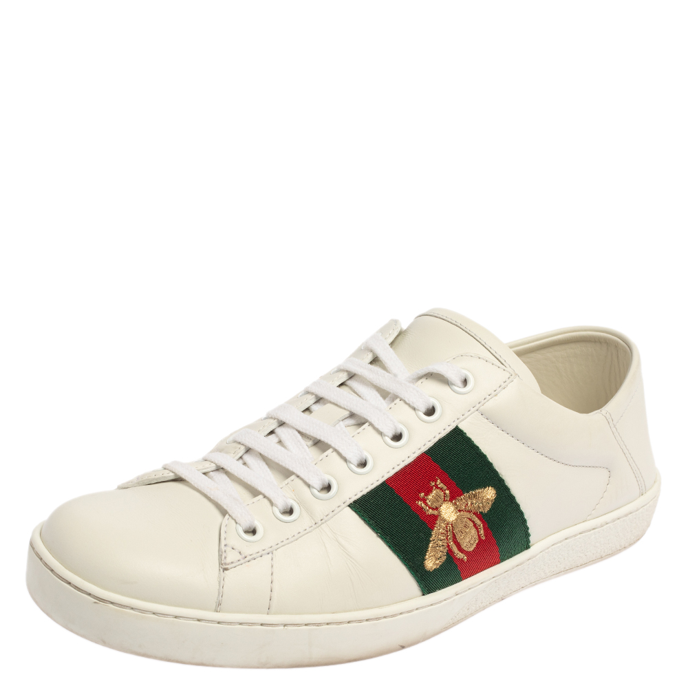 Gucci White Leather Ace Bee Low Top Sneakers Size 40.5