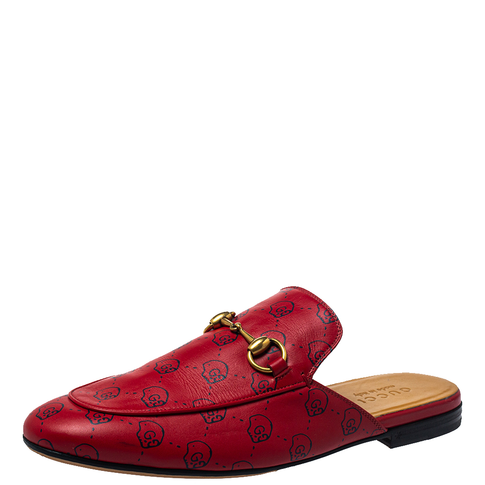 Gucci Red GG Ghost Print Leather Princetown Horsebit Mules Size 41.5