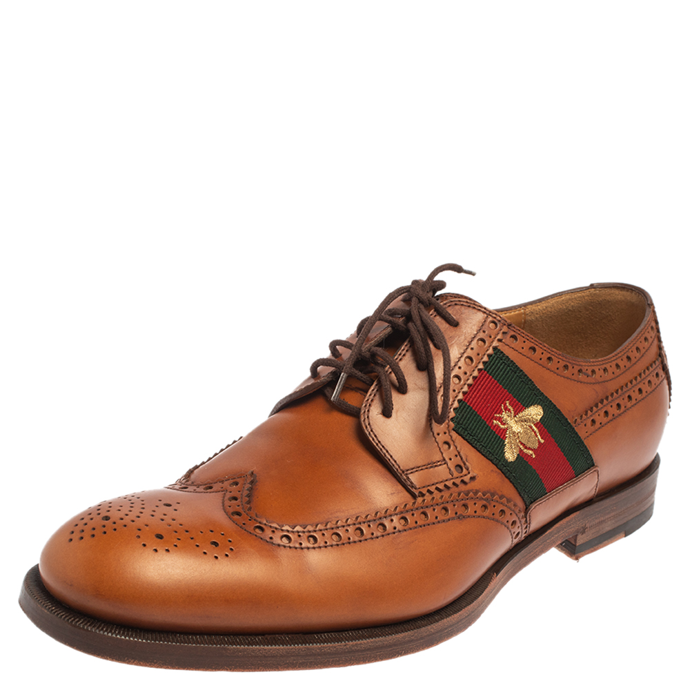 Gucci Tan Leather Bee Web Detail Lace Up Brogue Oxfords Size 44.5