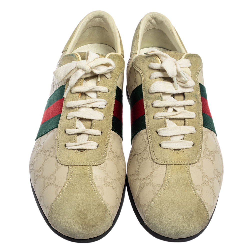 Gucci Cream Suede And Leather Web Low Top Sneakers Size 43.5