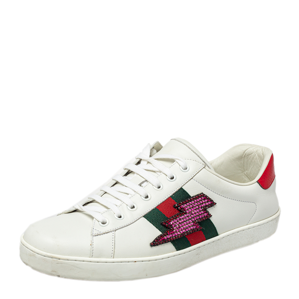 Gucci White Leather And Canvas Crystal Embellished Lightning Bolt Ace Low Top Sneakers Size 43.5
